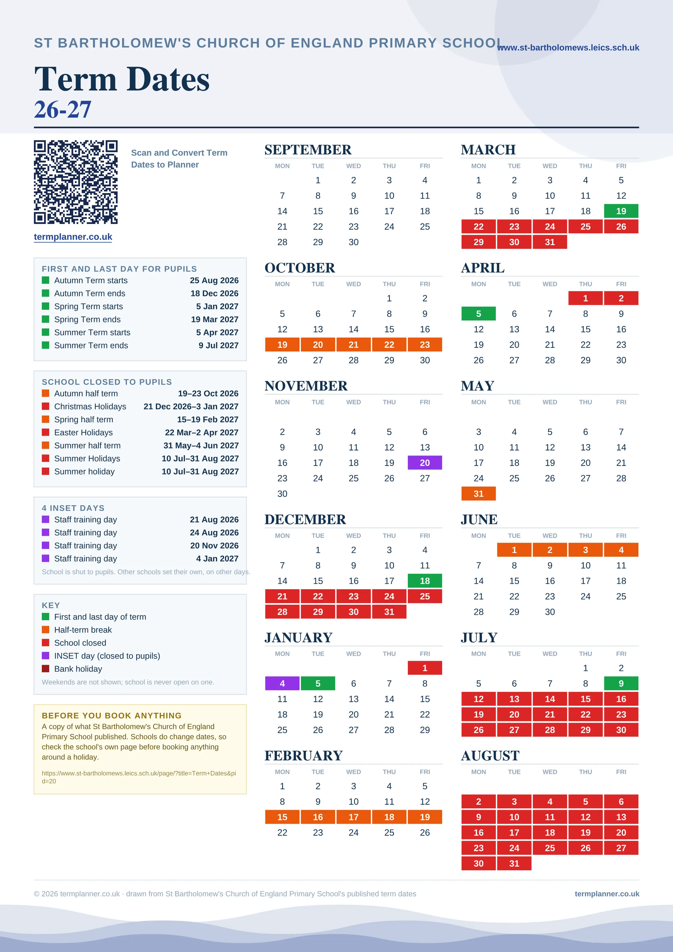 St Bartholomew's Church of England Primary School’s 2026/27 school year drawn as one sheet: twelve month grids from September to August, Monday to Friday, with autumn term 25 August to 18 December 2026, spring term 5 January to 19 March 2027, summer term 5 April to 9 July 2027. Half terms, holidays and bank holidays are filled in colour, the first and last day of each term is marked, 4 INSET days are picked out, and every date is listed again in words down the left.