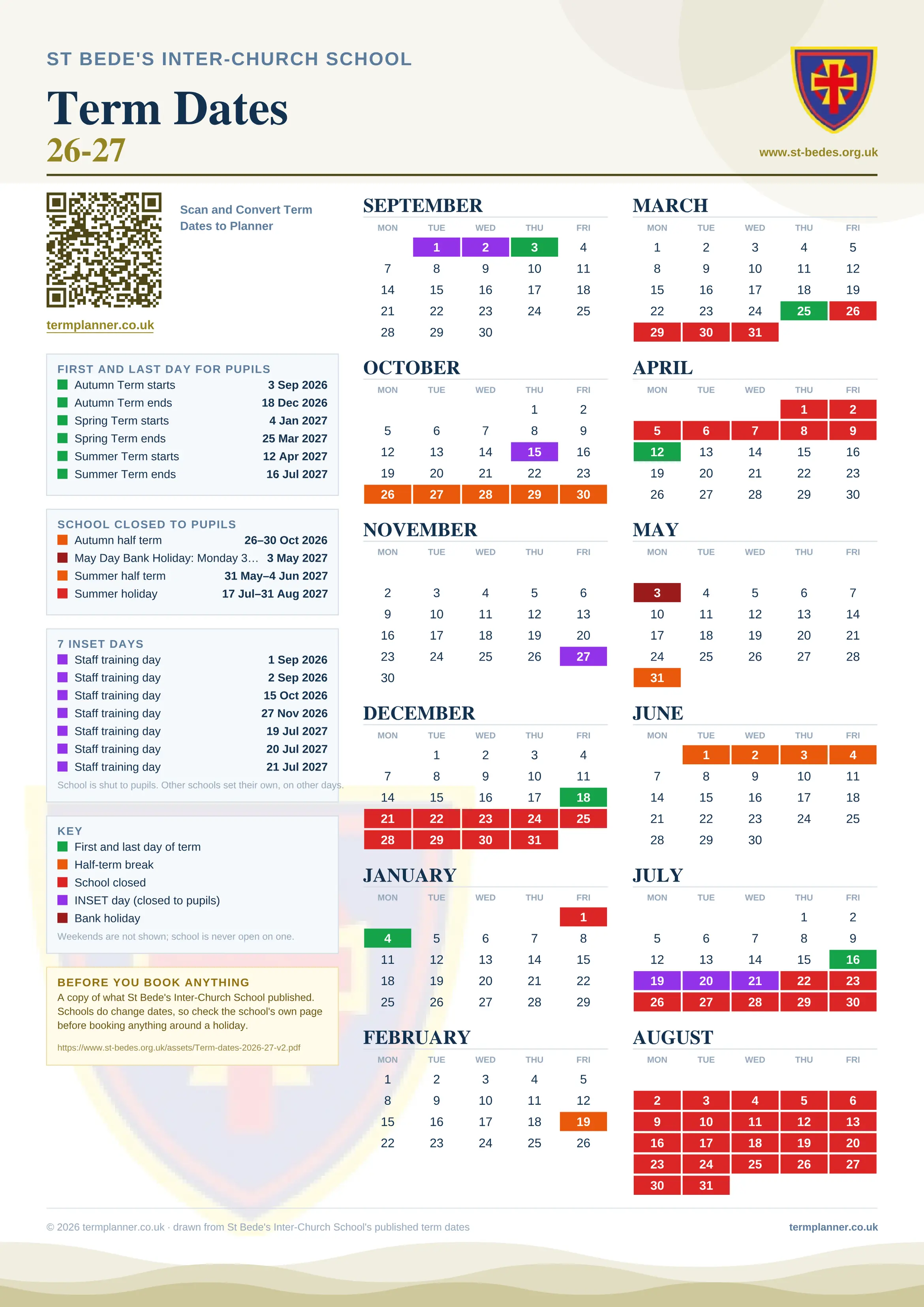 St Bede's Inter-Church School’s 2026/27 school year drawn as one sheet: twelve month grids from September to August, Monday to Friday, with autumn term 3 September to 18 December 2026, spring term 4 January to 25 March 2027, summer term 12 April to 16 July 2027. Half terms, holidays and bank holidays are filled in colour, the first and last day of each term is marked, 7 INSET days are picked out, and every date is listed again in words down the left.