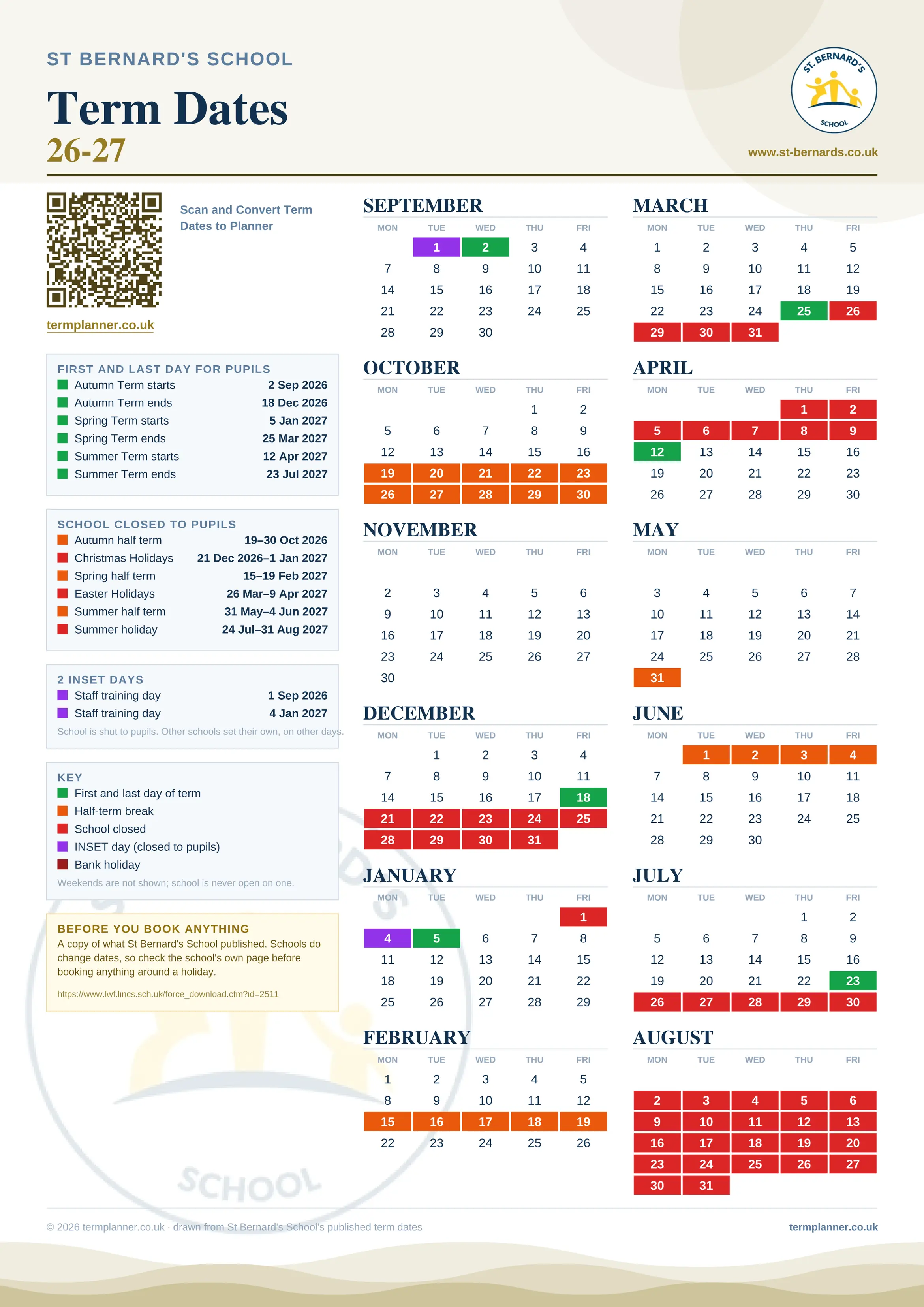 St Bernard's School’s 2026/27 school year drawn as one sheet: twelve month grids from September to August, Monday to Friday, with autumn term 2 September to 18 December 2026, spring term 5 January to 25 March 2027, summer term 12 April to 23 July 2027. Half terms, holidays and bank holidays are filled in colour, the first and last day of each term is marked, 2 INSET days are picked out, and every date is listed again in words down the left.