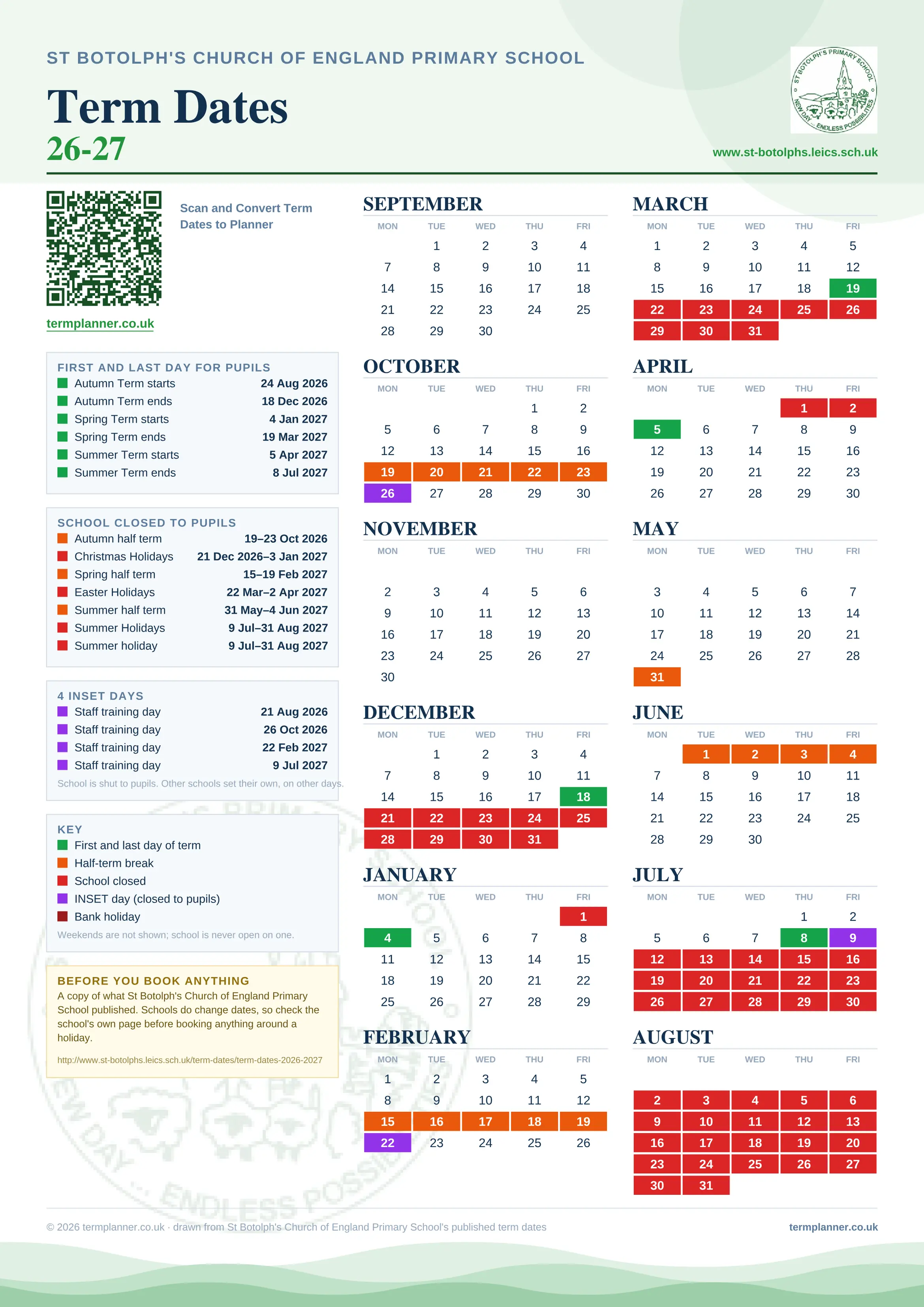 St Botolph's Church of England Primary School’s 2026/27 school year drawn as one sheet: twelve month grids from September to August, Monday to Friday, with autumn term 24 August to 18 December 2026, spring term 4 January to 19 March 2027, summer term 5 April to 8 July 2027. Half terms, holidays and bank holidays are filled in colour, the first and last day of each term is marked, 4 INSET days are picked out, and every date is listed again in words down the left.