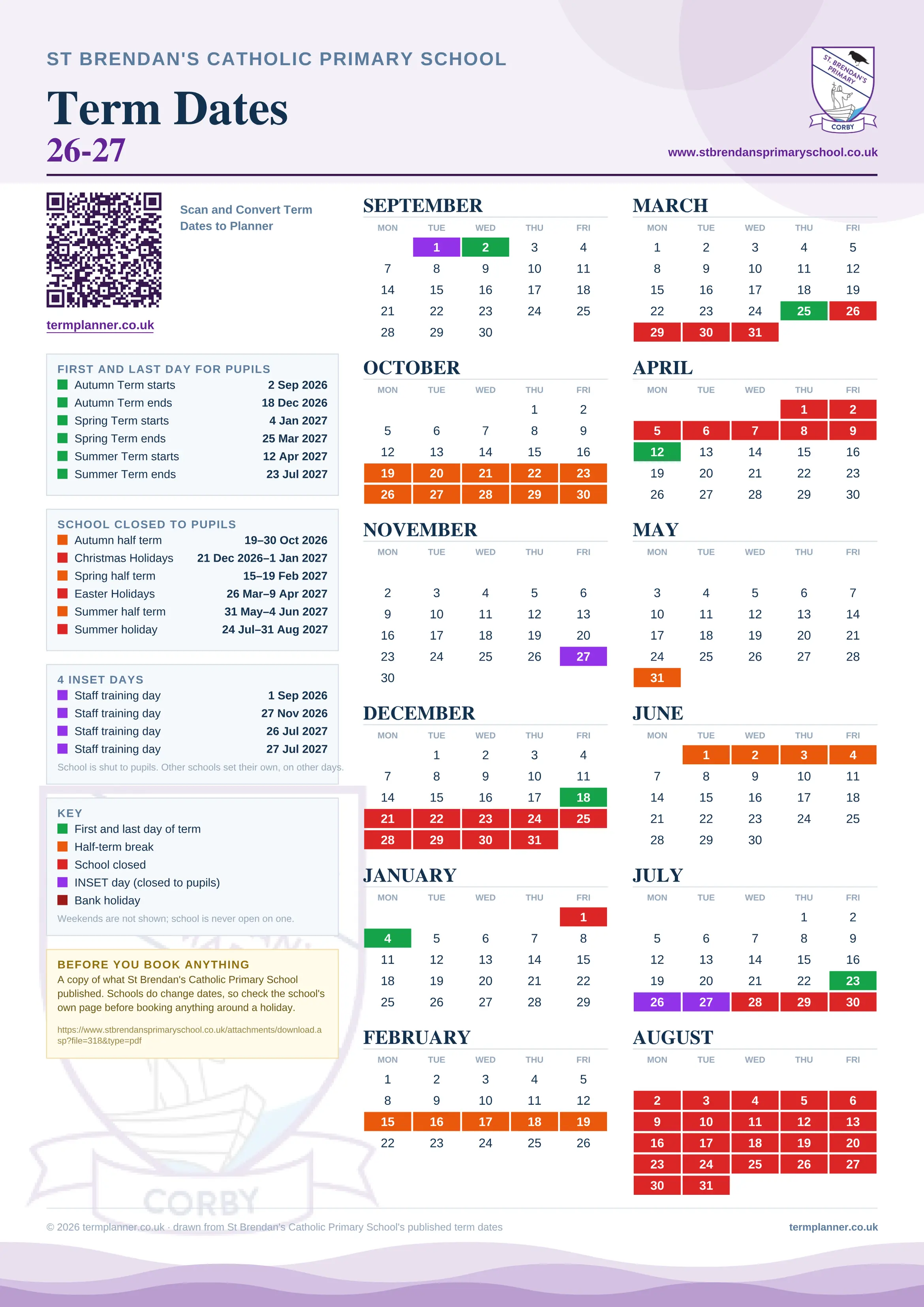 St Brendan's Catholic Primary School’s 2026/27 school year drawn as one sheet: twelve month grids from September to August, Monday to Friday, with autumn term 2 September to 18 December 2026, spring term 4 January to 25 March 2027, summer term 12 April to 23 July 2027. Half terms, holidays and bank holidays are filled in colour, the first and last day of each term is marked, 4 INSET days are picked out, and every date is listed again in words down the left.
