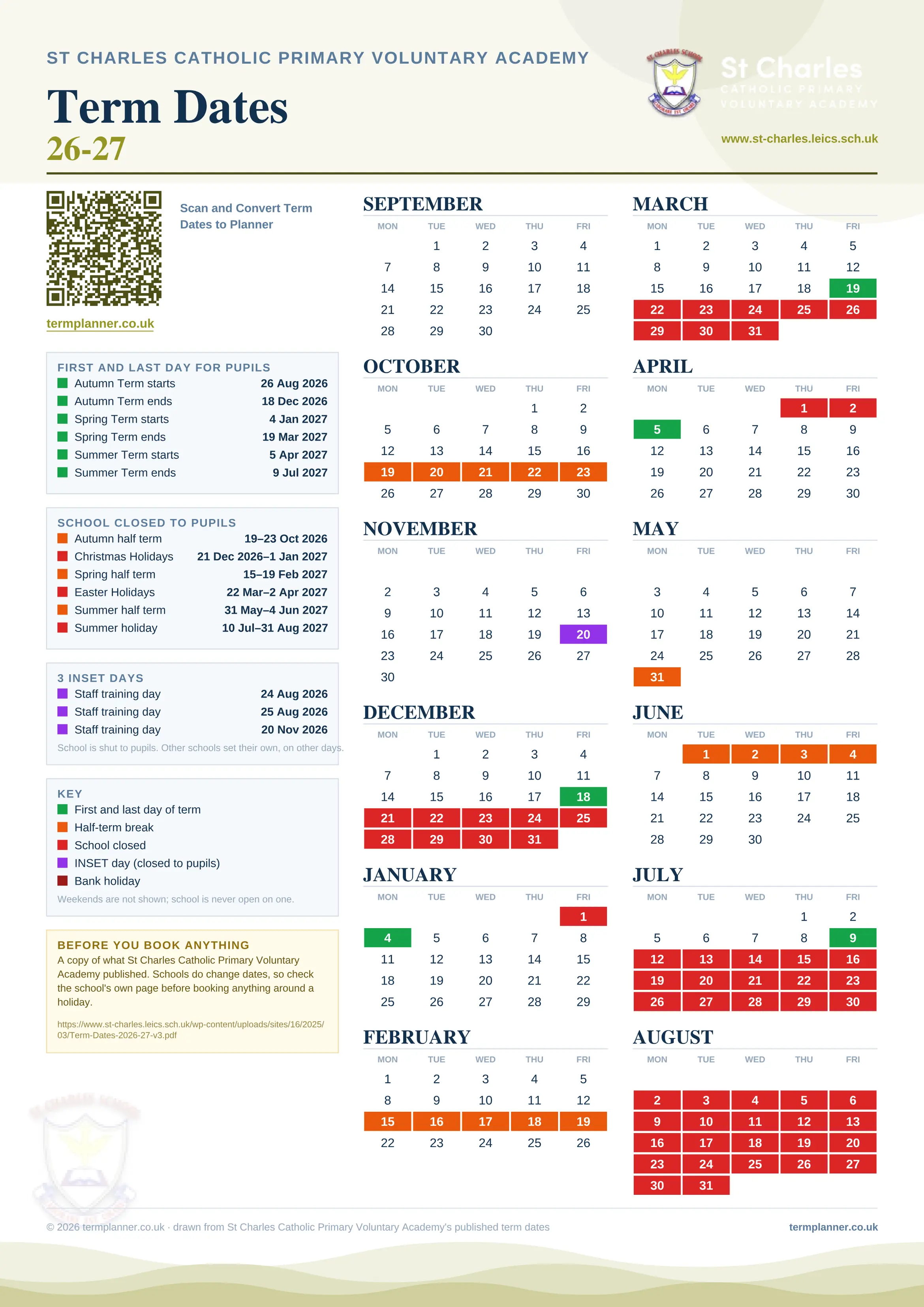 St Charles Catholic Primary Voluntary Academy’s 2026/27 school year drawn as one sheet: twelve month grids from September to August, Monday to Friday, with autumn term 26 August to 18 December 2026, spring term 4 January to 19 March 2027, summer term 5 April to 9 July 2027. Half terms, holidays and bank holidays are filled in colour, the first and last day of each term is marked, 3 INSET days are picked out, and every date is listed again in words down the left.