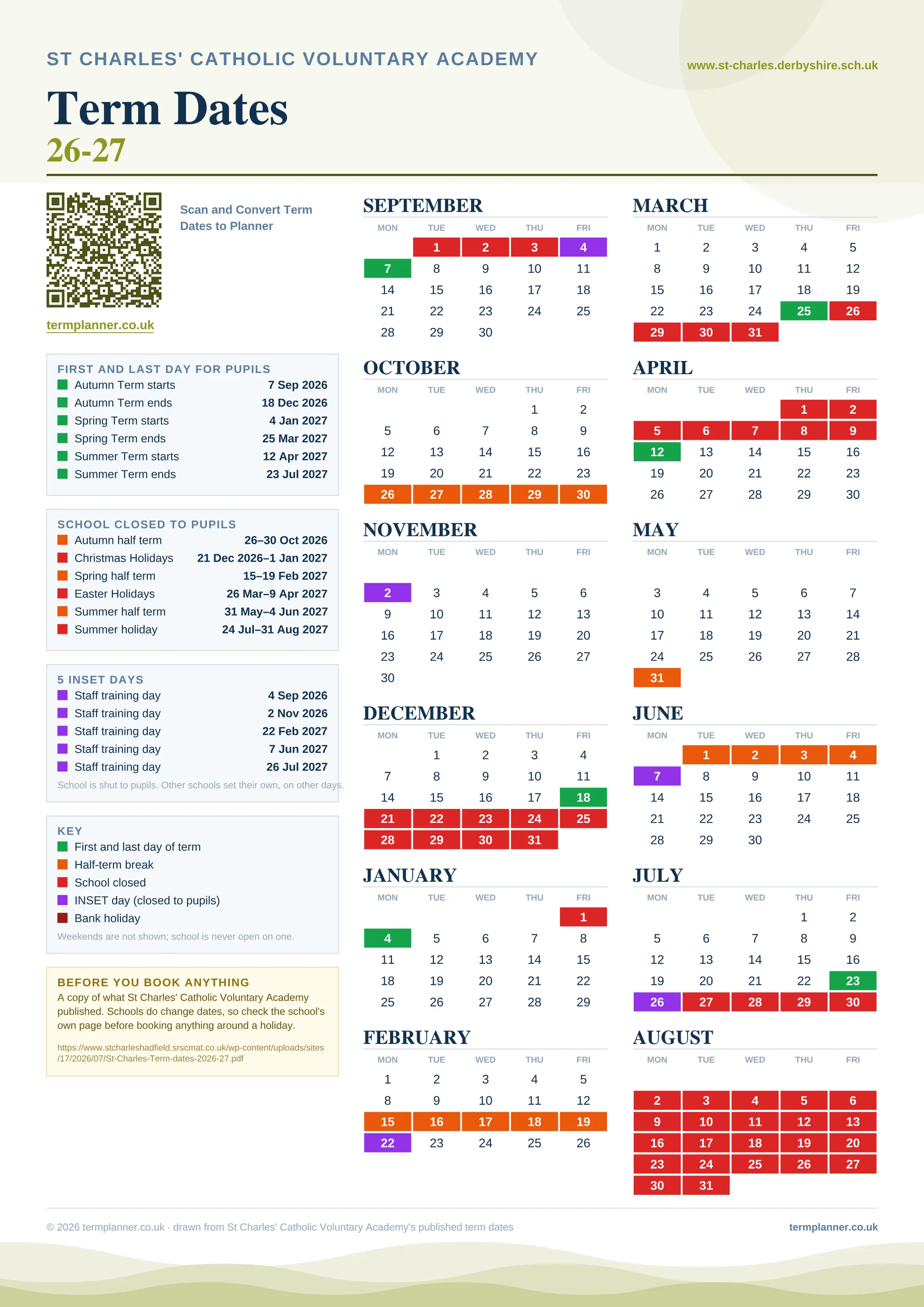 St Charles' Catholic Voluntary Academy’s 2026/27 school year drawn as one sheet: twelve month grids from September to August, Monday to Friday, with autumn term 7 September to 18 December 2026, spring term 4 January to 25 March 2027, summer term 12 April to 23 July 2027. Half terms, holidays and bank holidays are filled in colour, the first and last day of each term is marked, 5 INSET days are picked out, and every date is listed again in words down the left.