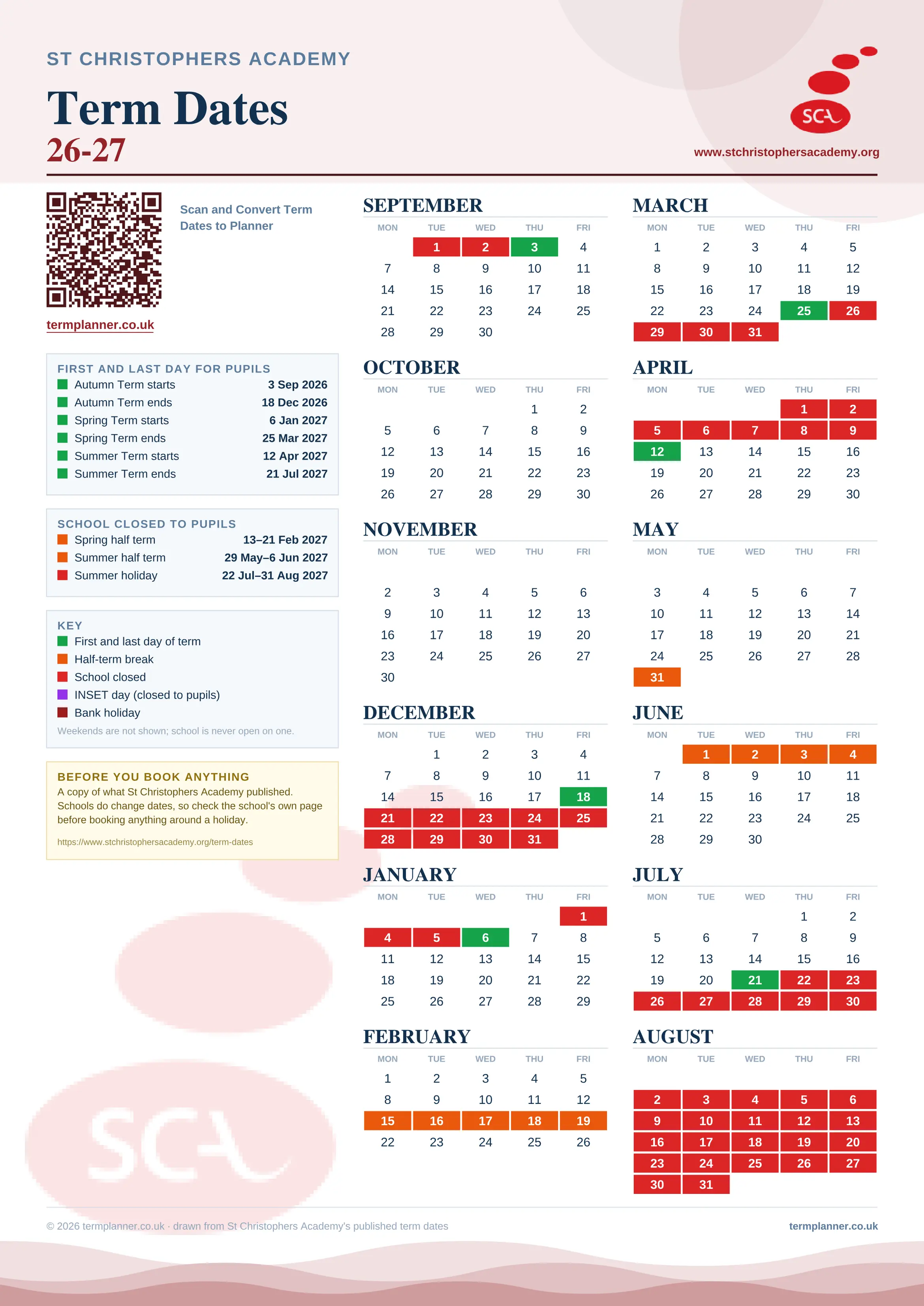 St Christophers Academy’s 2026/27 school year drawn as one sheet: twelve month grids from September to August, Monday to Friday, with autumn term 3 September to 18 December 2026, spring term 6 January to 25 March 2027, summer term 12 April to 21 July 2027. Half terms, holidays and bank holidays are filled in colour, the first and last day of each term is marked, and every date is listed again in words down the left.