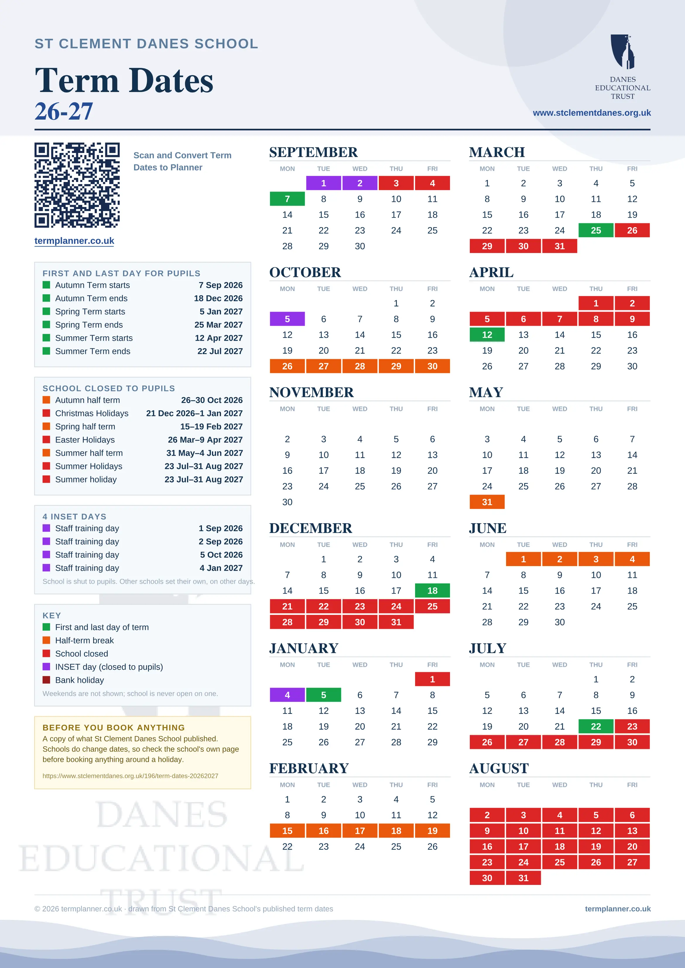 St Clement Danes School’s 2026/27 school year drawn as one sheet: twelve month grids from September to August, Monday to Friday, with autumn term 7 September to 18 December 2026, spring term 5 January to 25 March 2027, summer term 12 April to 22 July 2027. Half terms, holidays and bank holidays are filled in colour, the first and last day of each term is marked, 4 INSET days are picked out, and every date is listed again in words down the left.