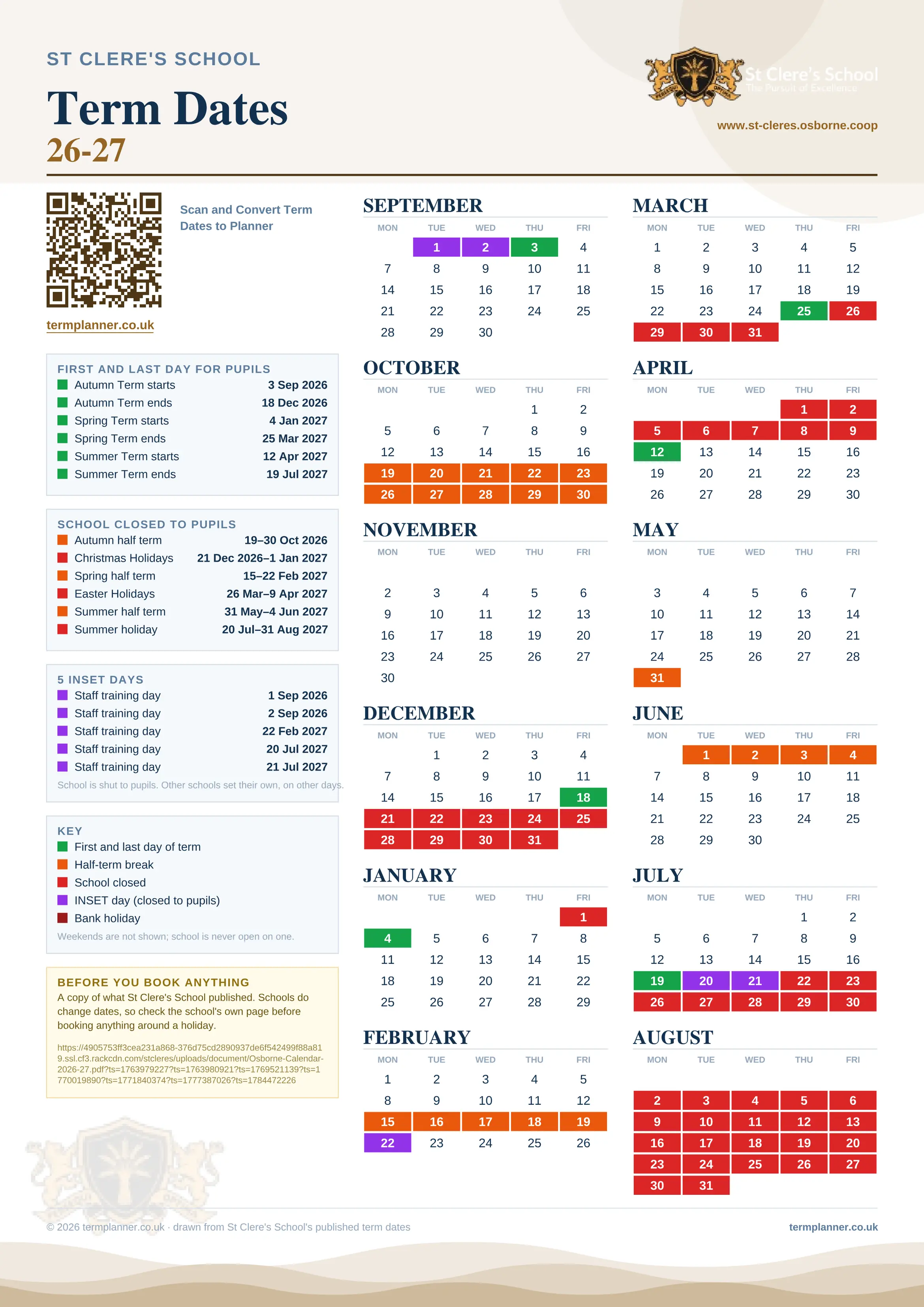 St Clere's School’s 2026/27 school year drawn as one sheet: twelve month grids from September to August, Monday to Friday, with autumn term 3 September to 18 December 2026, spring term 4 January to 25 March 2027, summer term 12 April to 19 July 2027. Half terms, holidays and bank holidays are filled in colour, the first and last day of each term is marked, 5 INSET days are picked out, and every date is listed again in words down the left.