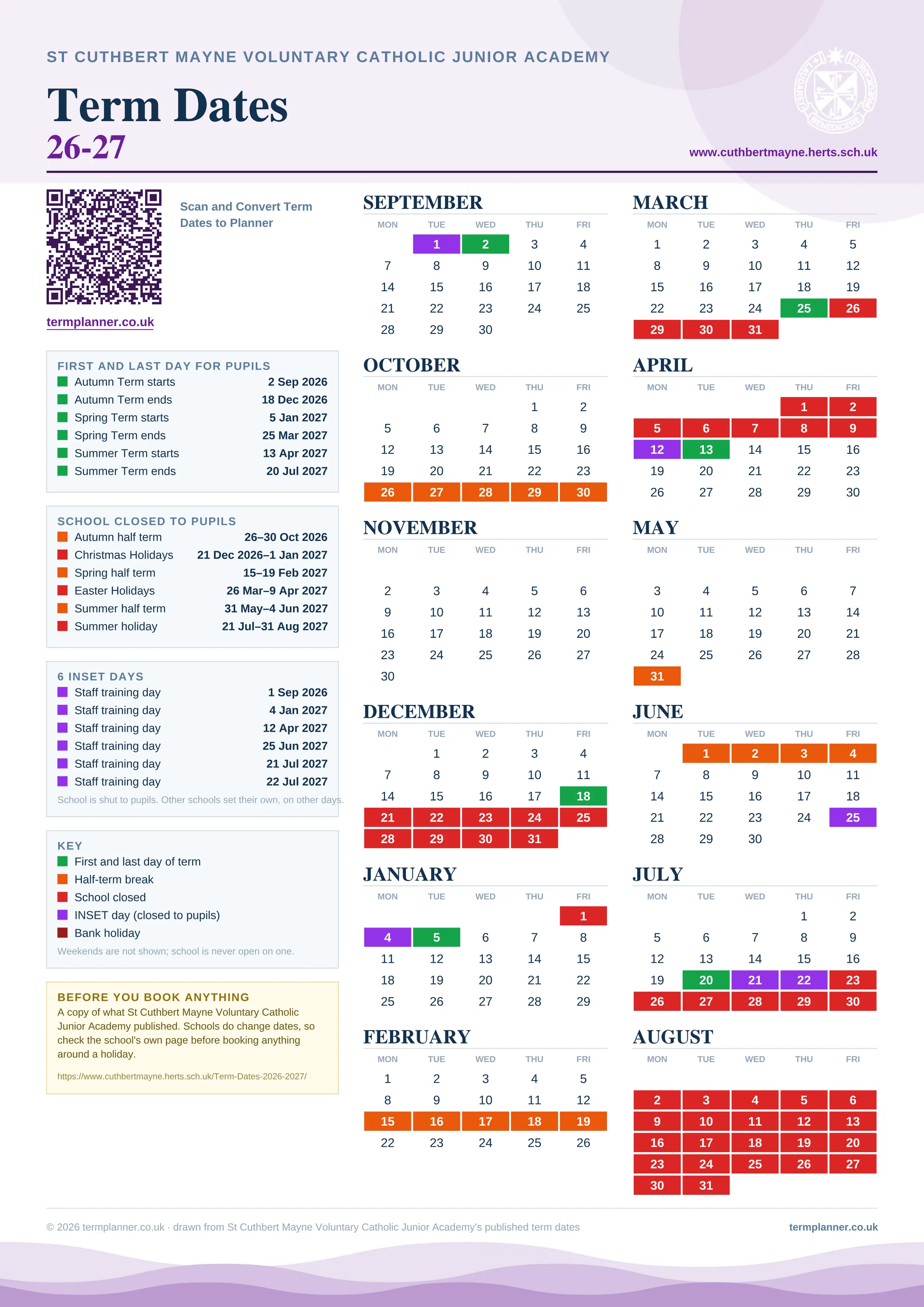 St Cuthbert Mayne Voluntary Catholic Junior Academy’s 2026/27 school year drawn as one sheet: twelve month grids from September to August, Monday to Friday, with autumn term 2 September to 18 December 2026, spring term 5 January to 25 March 2027, summer term 13 April to 20 July 2027. Half terms, holidays and bank holidays are filled in colour, the first and last day of each term is marked, 6 INSET days are picked out, and every date is listed again in words down the left.