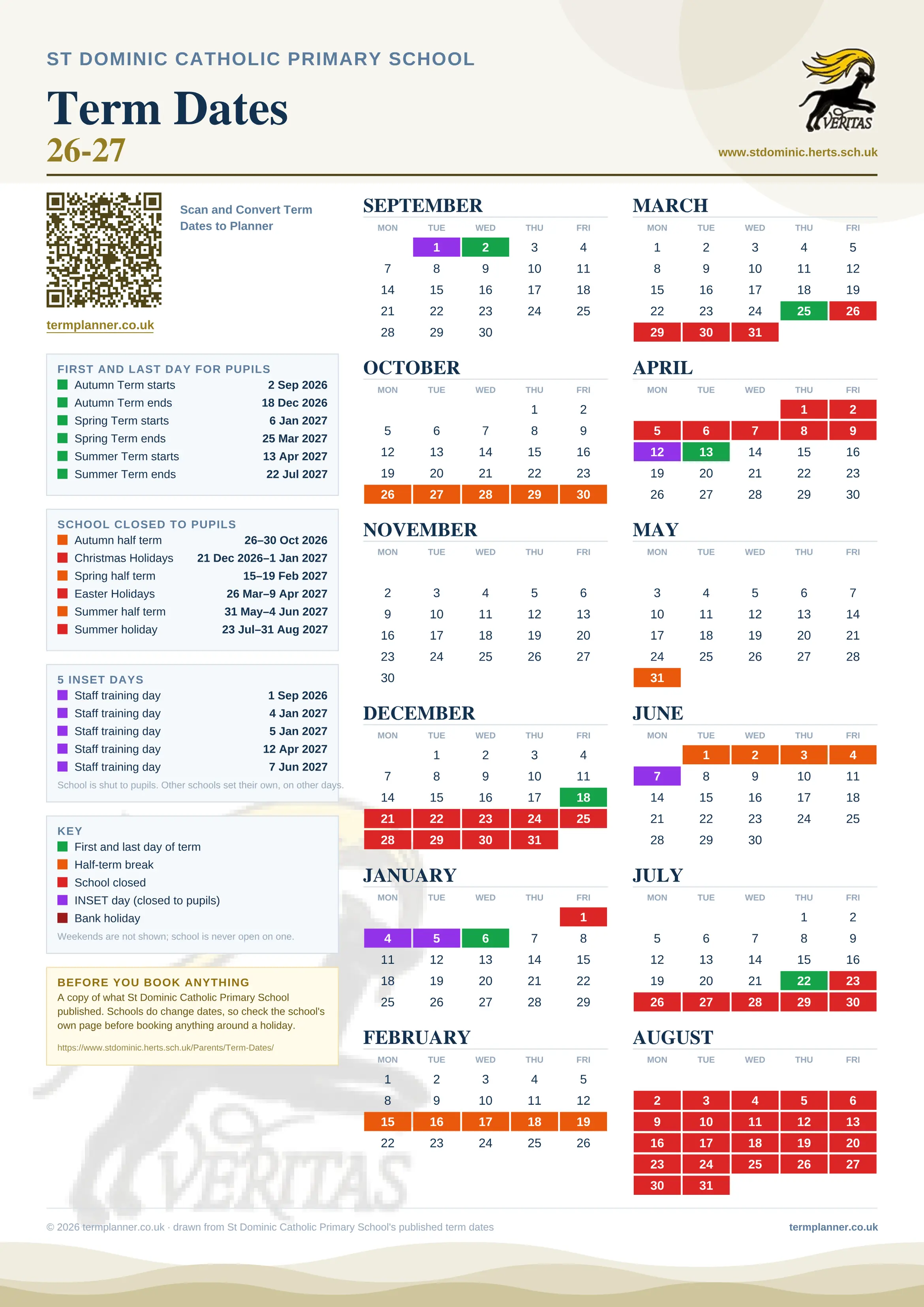 St Dominic Catholic Primary School’s 2026/27 school year drawn as one sheet: twelve month grids from September to August, Monday to Friday, with autumn term 2 September to 18 December 2026, spring term 6 January to 25 March 2027, summer term 13 April to 22 July 2027. Half terms, holidays and bank holidays are filled in colour, the first and last day of each term is marked, 5 INSET days are picked out, and every date is listed again in words down the left.