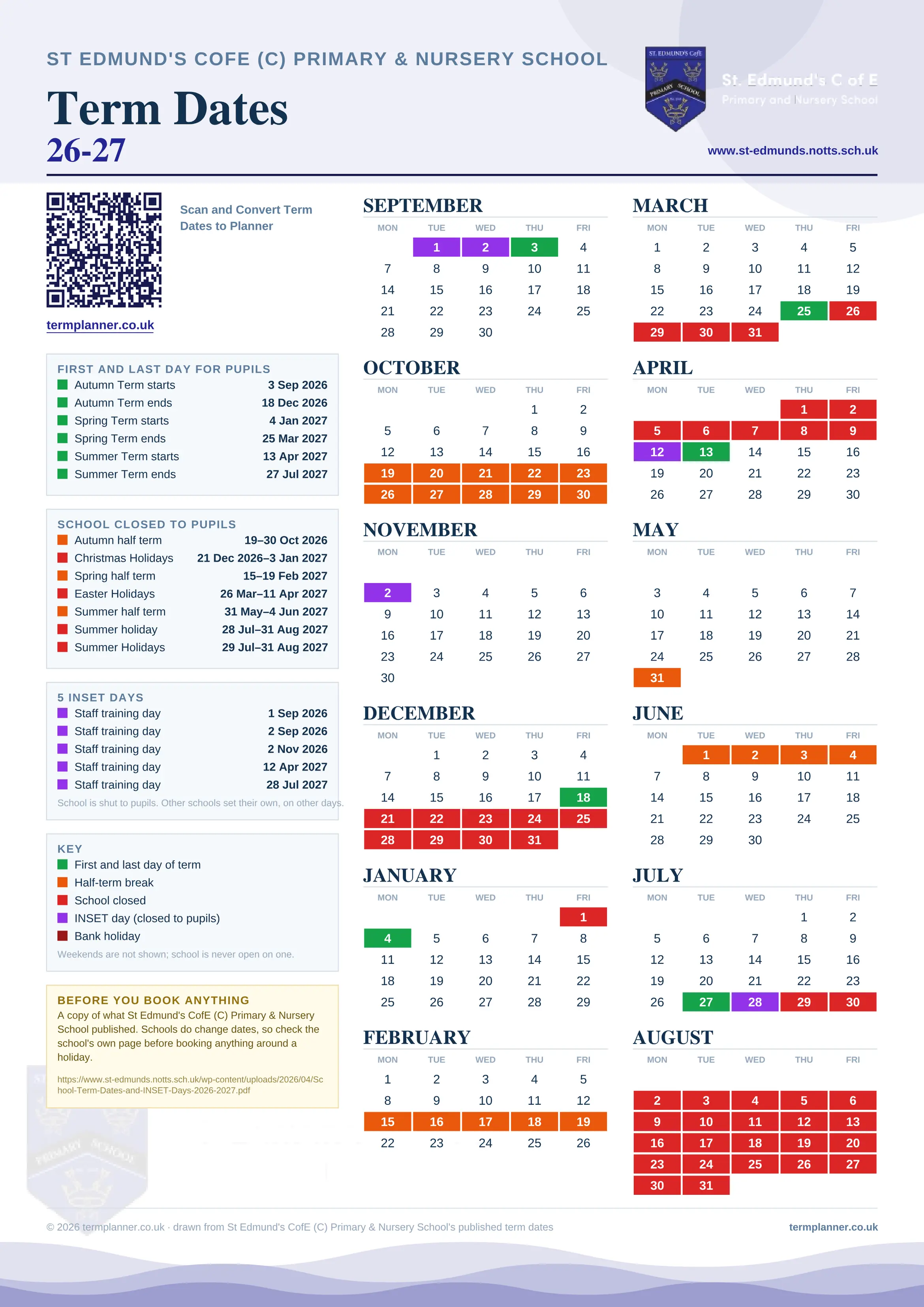 St Edmund's CofE (C) Primary & Nursery School’s 2026/27 school year drawn as one sheet: twelve month grids from September to August, Monday to Friday, with autumn term 3 September to 18 December 2026, spring term 4 January to 25 March 2027, summer term 13 April to 27 July 2027. Half terms, holidays and bank holidays are filled in colour, the first and last day of each term is marked, 5 INSET days are picked out, and every date is listed again in words down the left.
