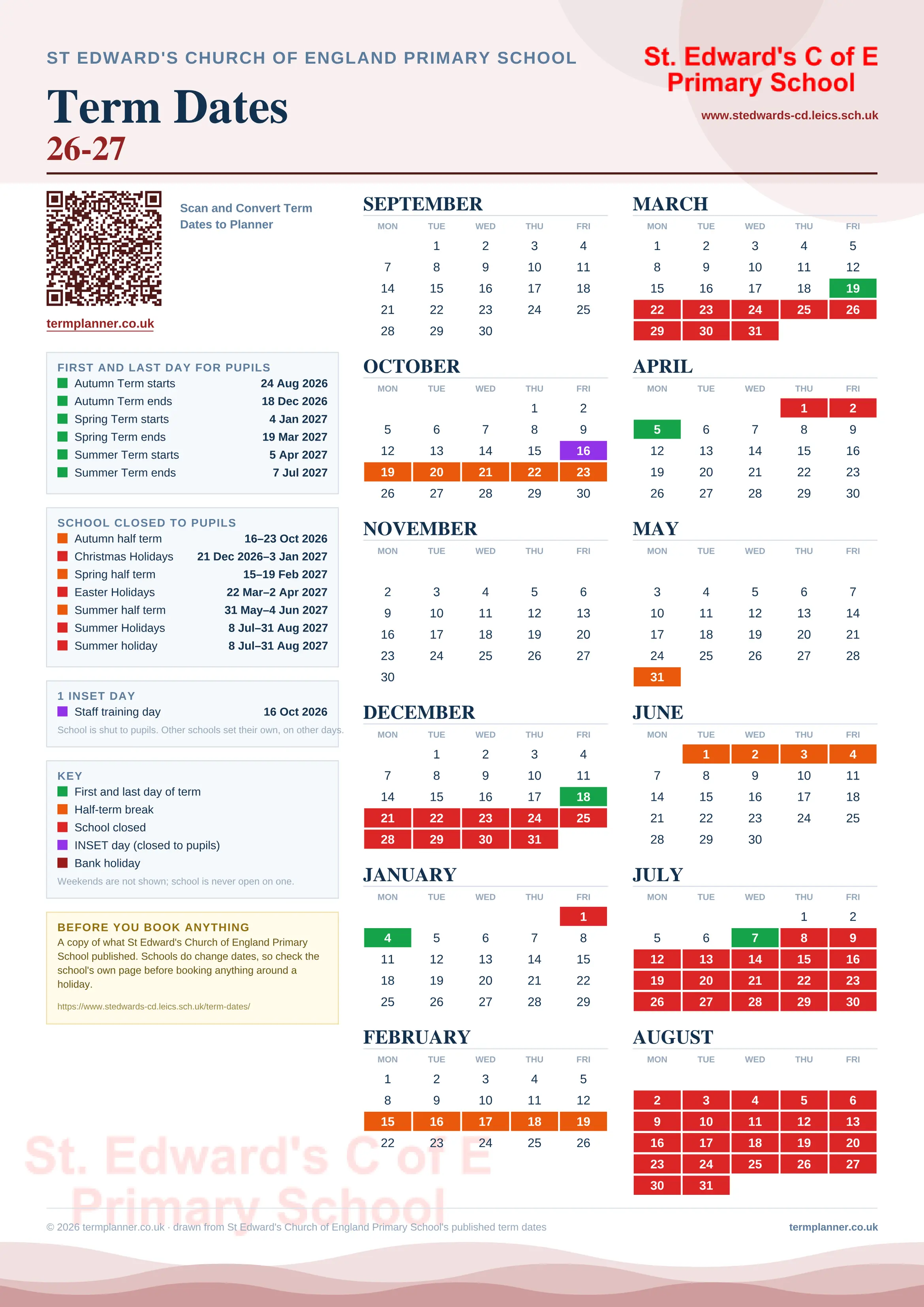 St Edward's Church of England Primary School’s 2026/27 school year drawn as one sheet: twelve month grids from September to August, Monday to Friday, with autumn term 24 August to 18 December 2026, spring term 4 January to 19 March 2027, summer term 5 April to 7 July 2027. Half terms, holidays and bank holidays are filled in colour, the first and last day of each term is marked, 1 INSET day is picked out, and every date is listed again in words down the left.