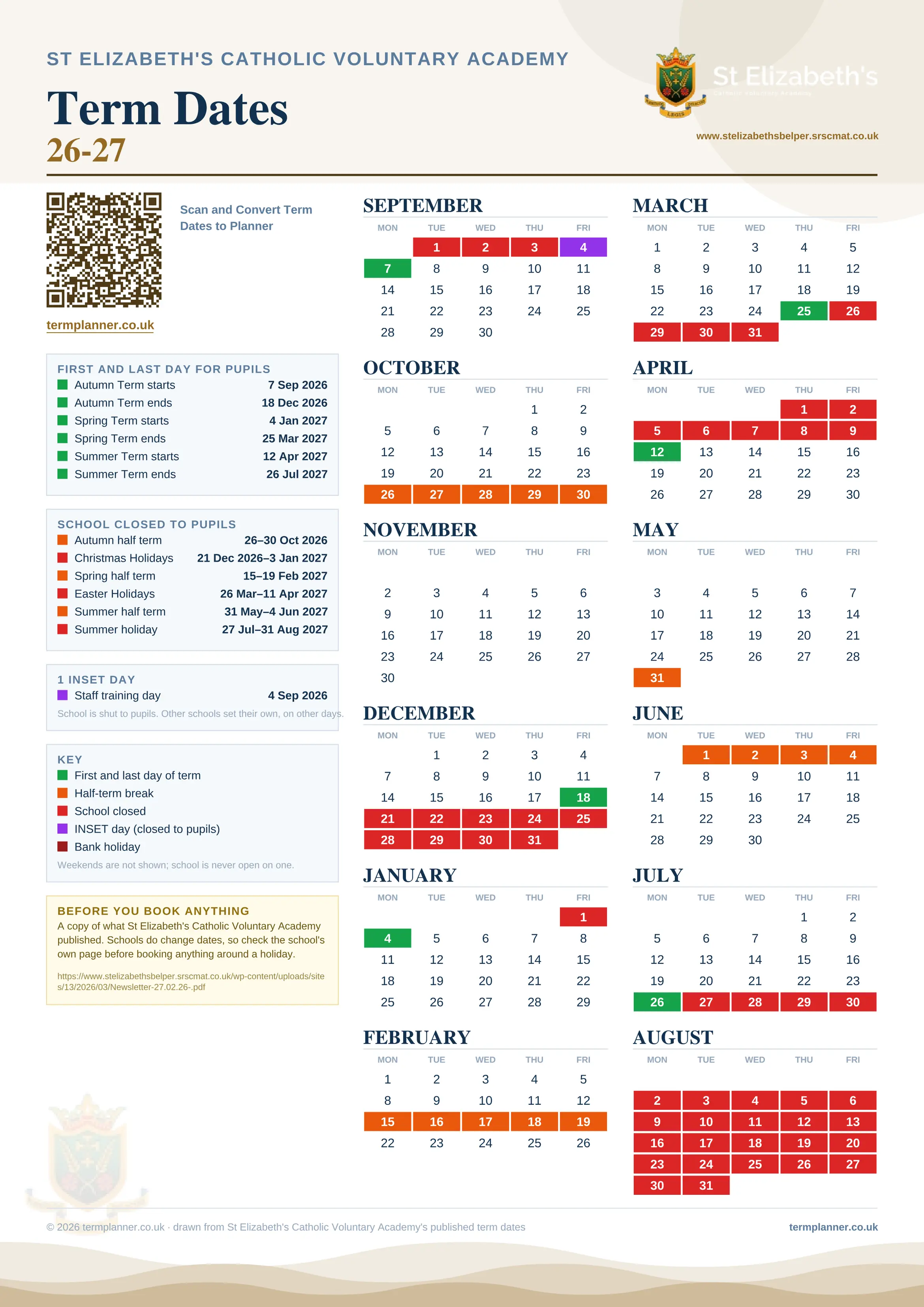 St Elizabeth's Catholic Voluntary Academy’s 2026/27 school year drawn as one sheet: twelve month grids from September to August, Monday to Friday, with autumn term 7 September to 18 December 2026, spring term 4 January to 25 March 2027, summer term 12 April to 26 July 2027. Half terms, holidays and bank holidays are filled in colour, the first and last day of each term is marked, 1 INSET day is picked out, and every date is listed again in words down the left.