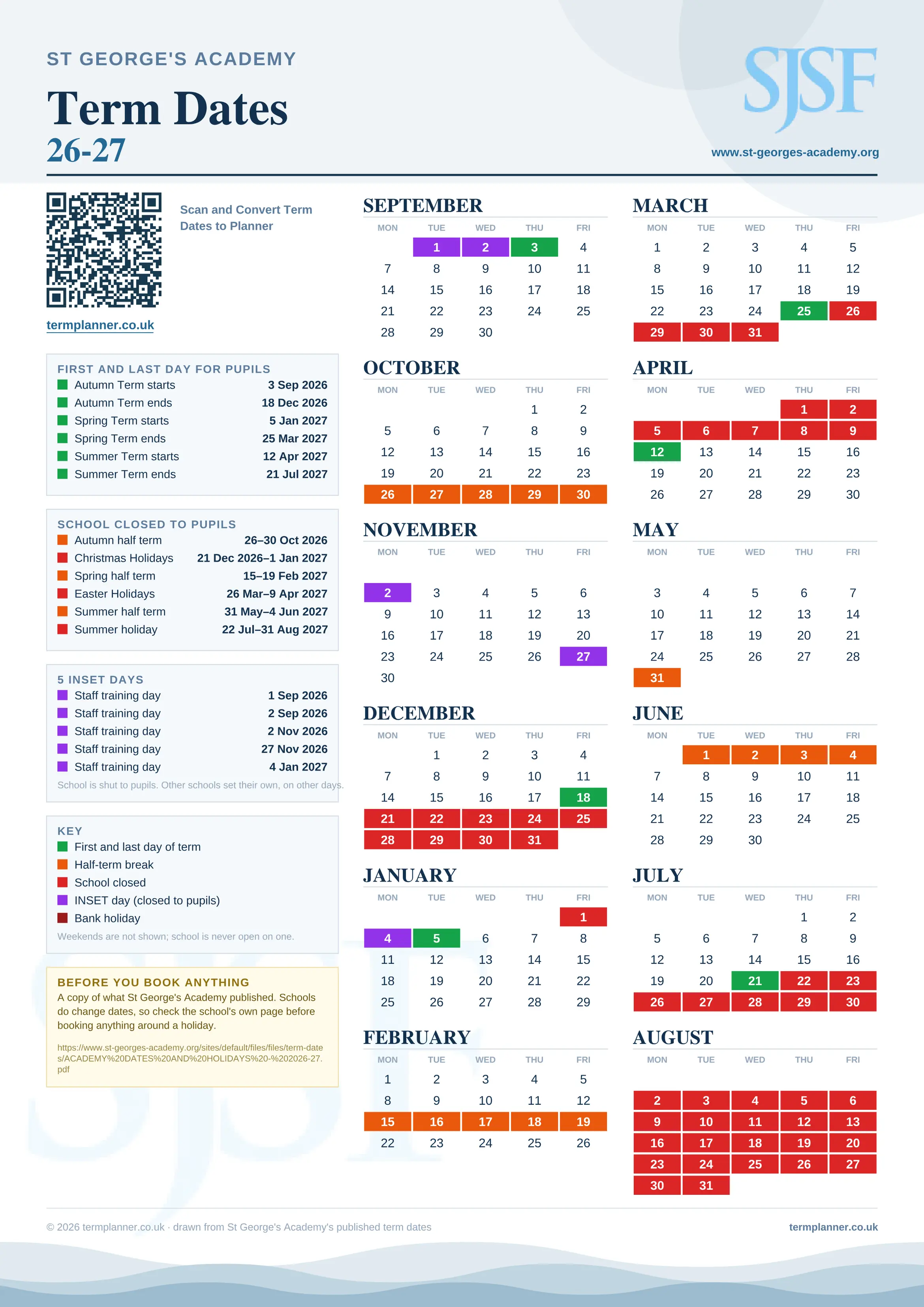 St George's Academy’s 2026/27 school year drawn as one sheet: twelve month grids from September to August, Monday to Friday, with autumn term 3 September to 18 December 2026, spring term 5 January to 25 March 2027, summer term 12 April to 21 July 2027. Half terms, holidays and bank holidays are filled in colour, the first and last day of each term is marked, 5 INSET days are picked out, and every date is listed again in words down the left.