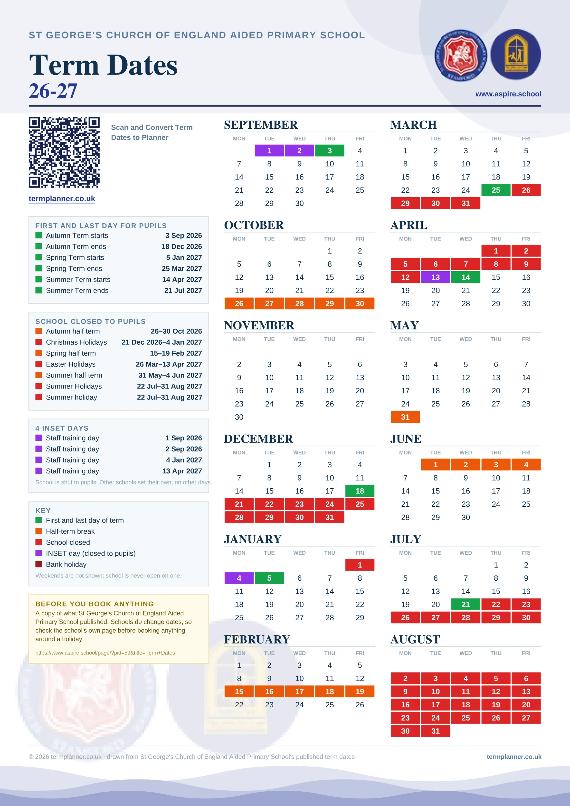 St George's Church of England Aided Primary School’s 2026/27 school year drawn as one sheet: twelve month grids from September to August, Monday to Friday, with autumn term 3 September to 18 December 2026, spring term 5 January to 25 March 2027, summer term 14 April to 21 July 2027. Half terms, holidays and bank holidays are filled in colour, the first and last day of each term is marked, 4 INSET days are picked out, and every date is listed again in words down the left.