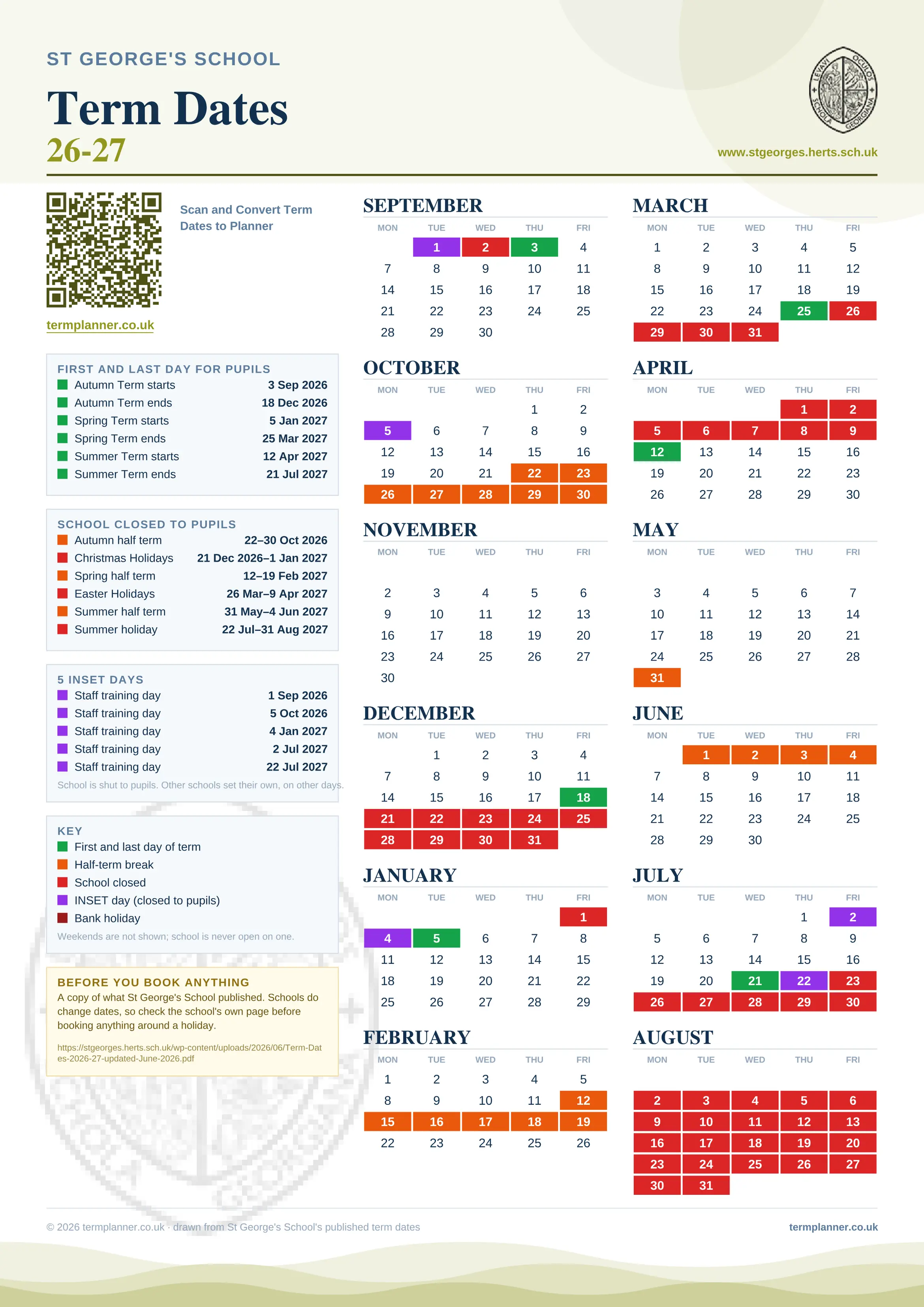 St George's School’s 2026/27 school year drawn as one sheet: twelve month grids from September to August, Monday to Friday, with autumn term 3 September to 18 December 2026, spring term 5 January to 25 March 2027, summer term 12 April to 21 July 2027. Half terms, holidays and bank holidays are filled in colour, the first and last day of each term is marked, 5 INSET days are picked out, and every date is listed again in words down the left.