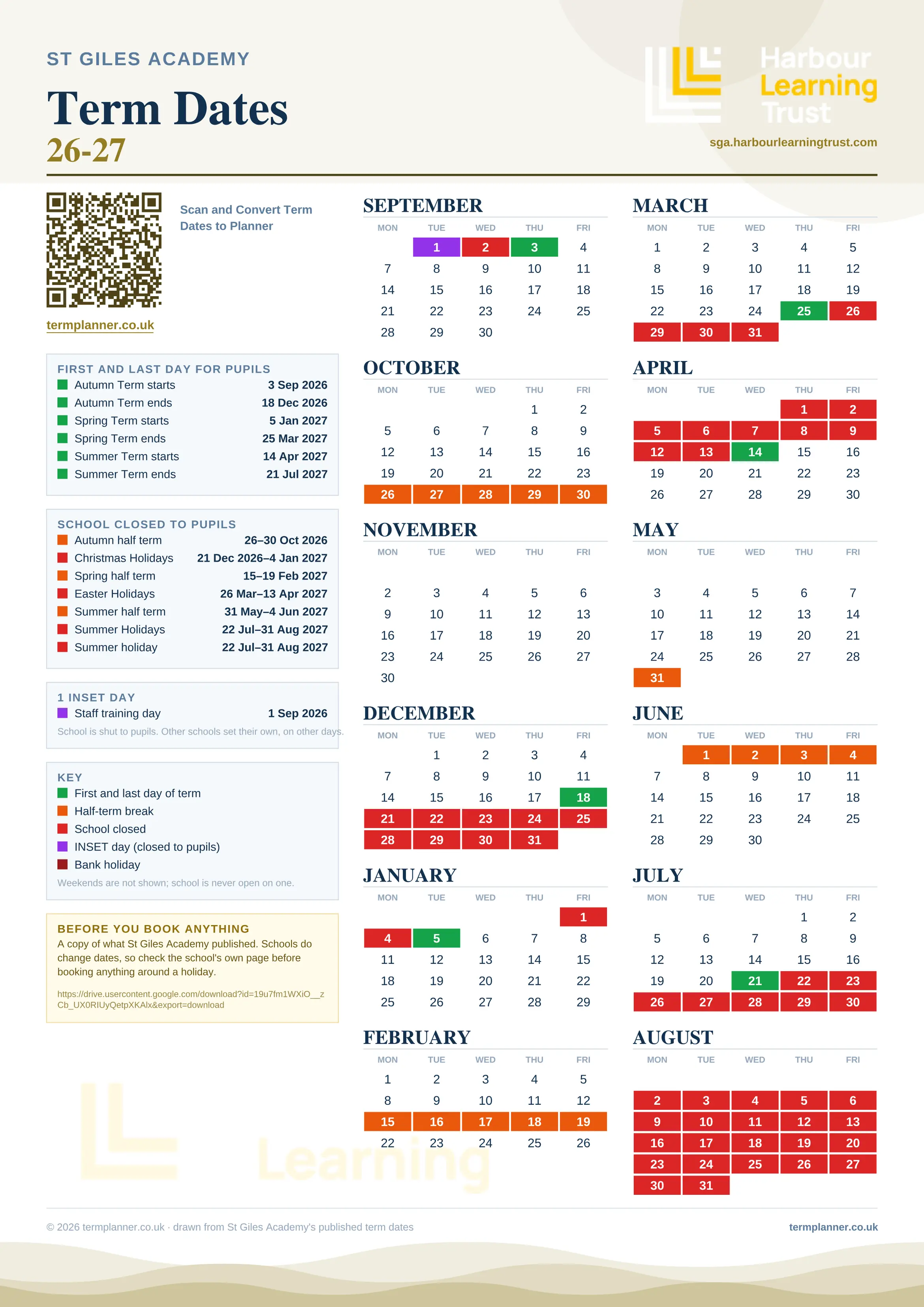 St Giles Academy’s 2026/27 school year drawn as one sheet: twelve month grids from September to August, Monday to Friday, with autumn term 3 September to 18 December 2026, spring term 5 January to 25 March 2027, summer term 14 April to 21 July 2027. Half terms, holidays and bank holidays are filled in colour, the first and last day of each term is marked, 1 INSET day is picked out, and every date is listed again in words down the left.