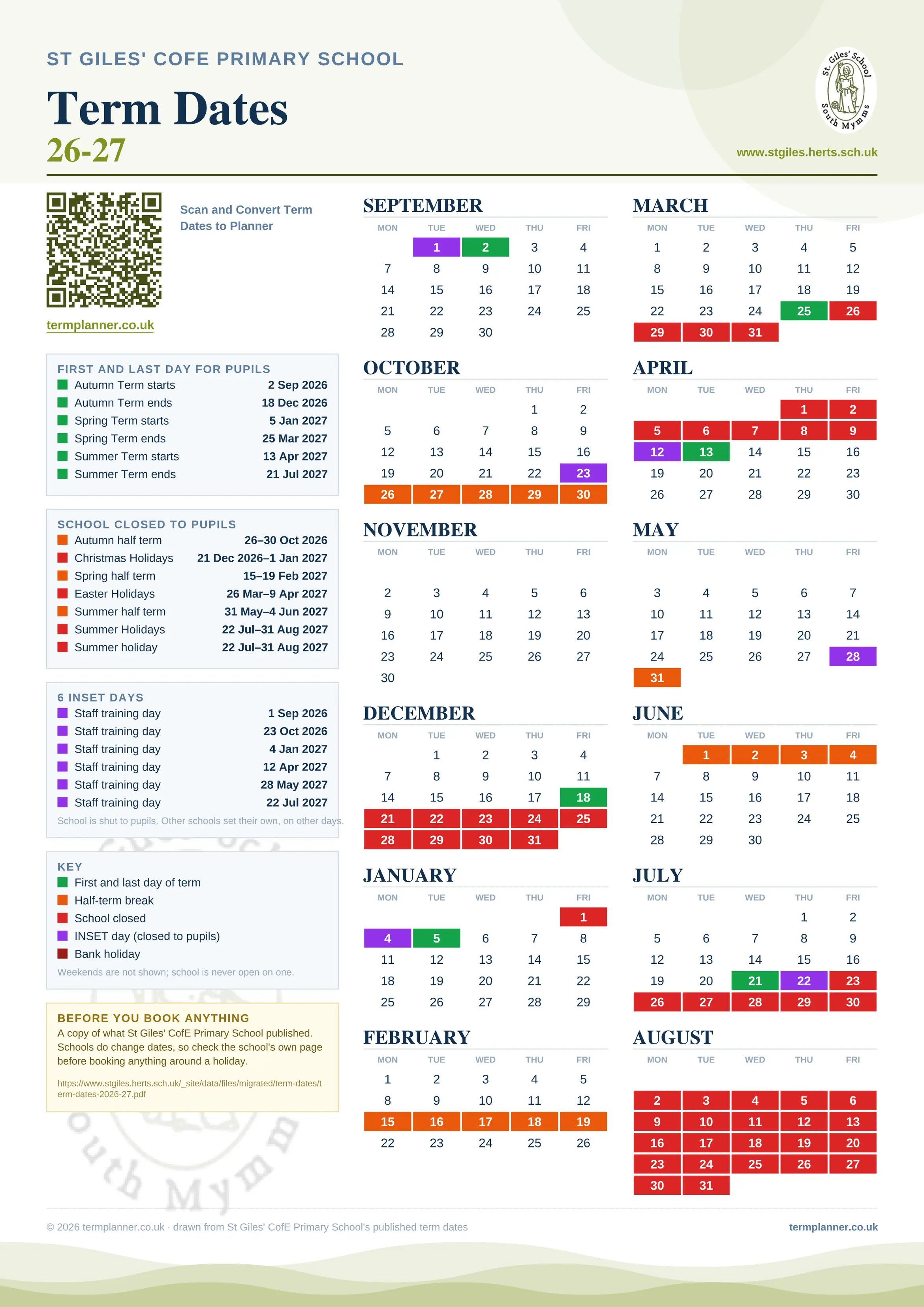 St Giles' CofE Primary School’s 2026/27 school year drawn as one sheet: twelve month grids from September to August, Monday to Friday, with autumn term 2 September to 18 December 2026, spring term 5 January to 25 March 2027, summer term 13 April to 21 July 2027. Half terms, holidays and bank holidays are filled in colour, the first and last day of each term is marked, 6 INSET days are picked out, and every date is listed again in words down the left.