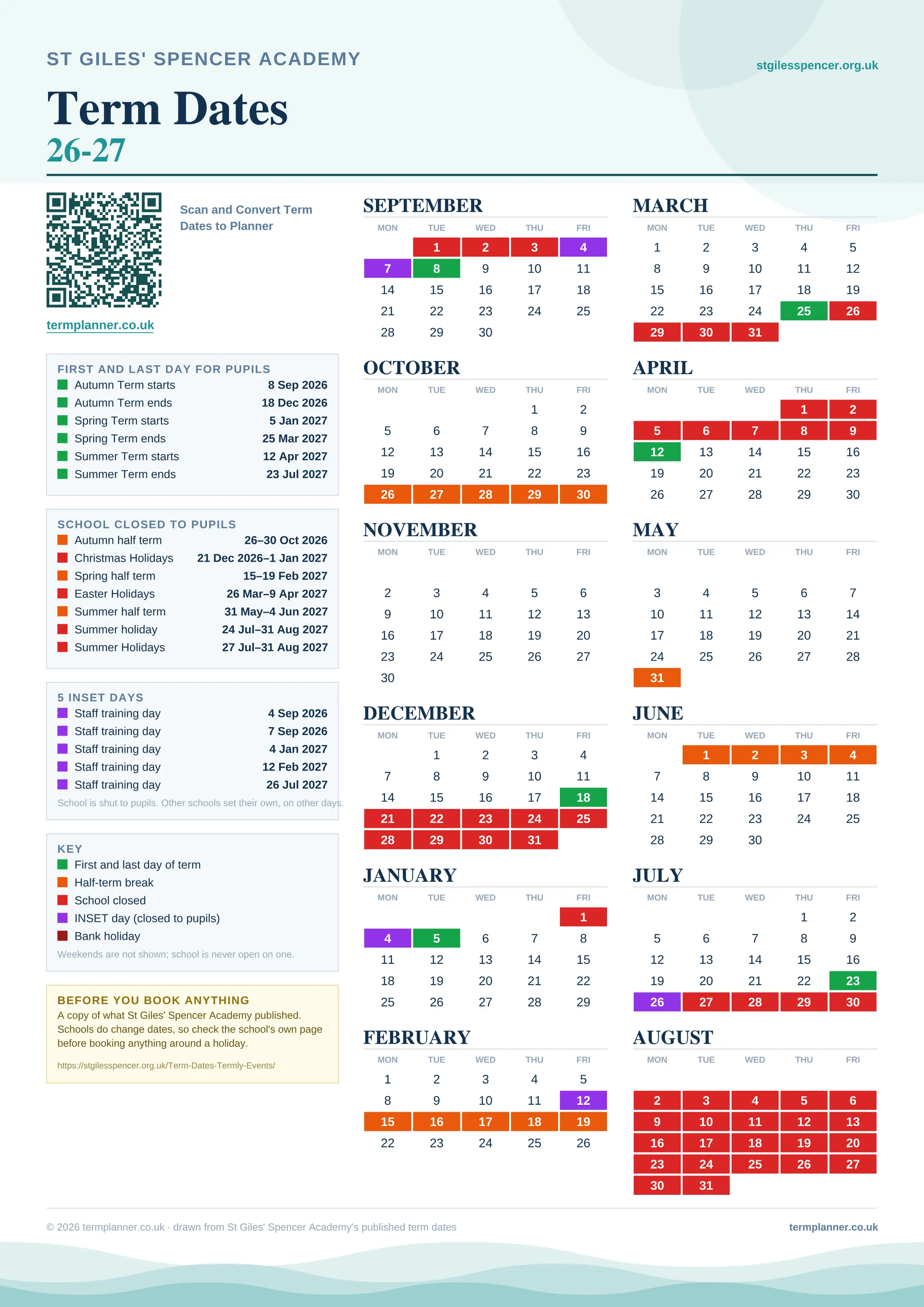 St Giles' Spencer Academy’s 2026/27 school year drawn as one sheet: twelve month grids from September to August, Monday to Friday, with autumn term 8 September to 18 December 2026, spring term 5 January to 25 March 2027, summer term 12 April to 23 July 2027. Half terms, holidays and bank holidays are filled in colour, the first and last day of each term is marked, 5 INSET days are picked out, and every date is listed again in words down the left.