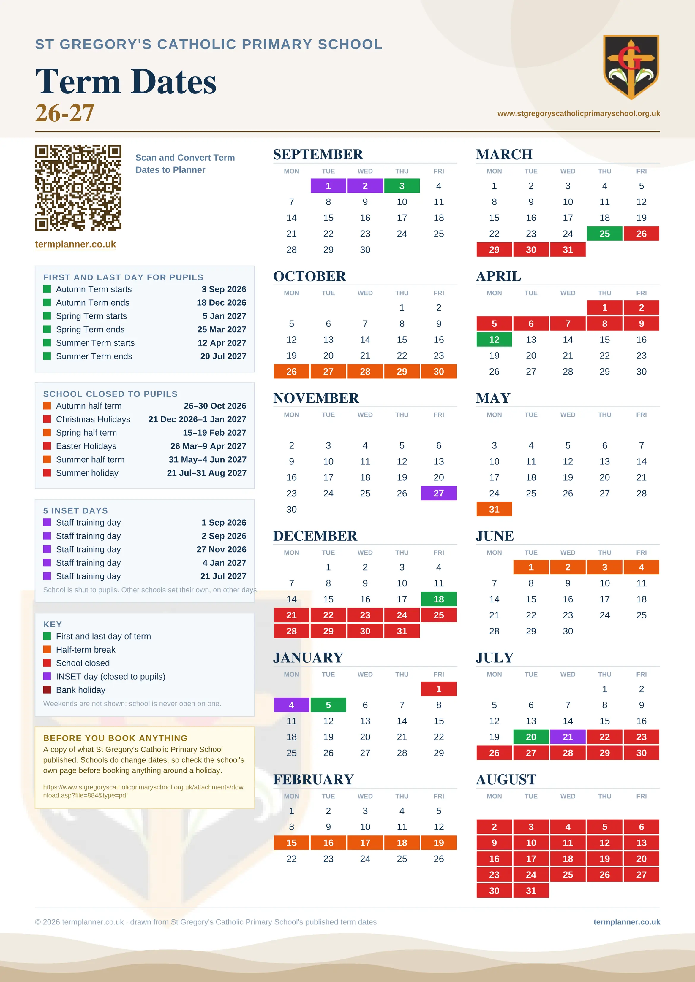St Gregory's Catholic Primary School’s 2026/27 school year drawn as one sheet: twelve month grids from September to August, Monday to Friday, with autumn term 3 September to 18 December 2026, spring term 5 January to 25 March 2027, summer term 12 April to 20 July 2027. Half terms, holidays and bank holidays are filled in colour, the first and last day of each term is marked, 5 INSET days are picked out, and every date is listed again in words down the left.