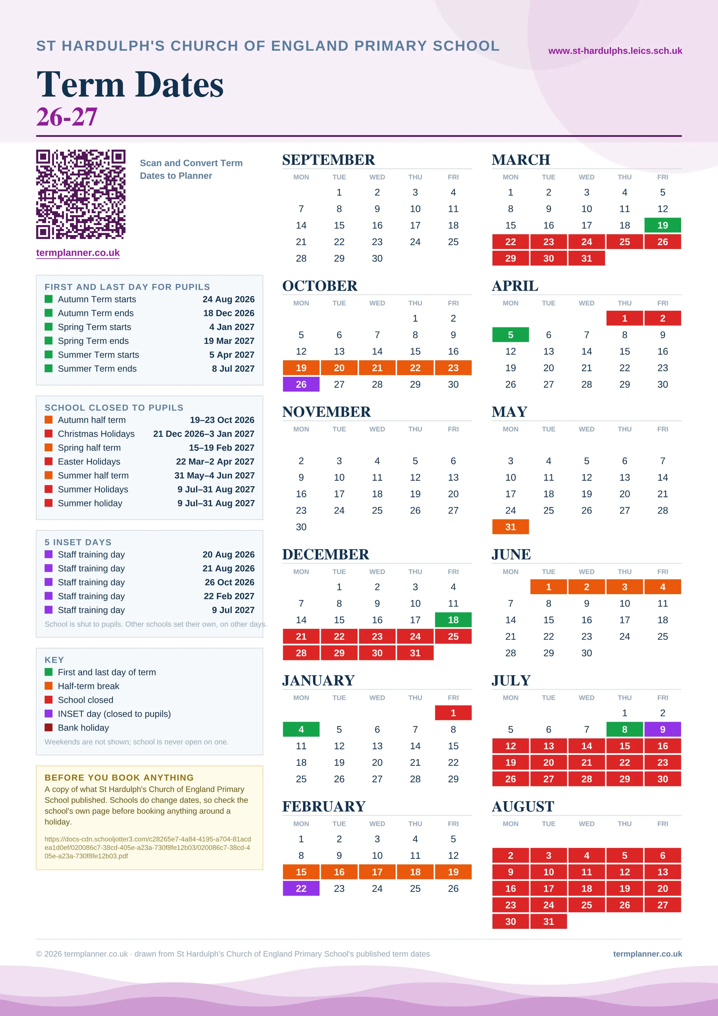 St Hardulph's Church of England Primary School’s 2026/27 school year drawn as one sheet: twelve month grids from September to August, Monday to Friday, with autumn term 24 August to 18 December 2026, spring term 4 January to 19 March 2027, summer term 5 April to 8 July 2027. Half terms, holidays and bank holidays are filled in colour, the first and last day of each term is marked, 5 INSET days are picked out, and every date is listed again in words down the left.
