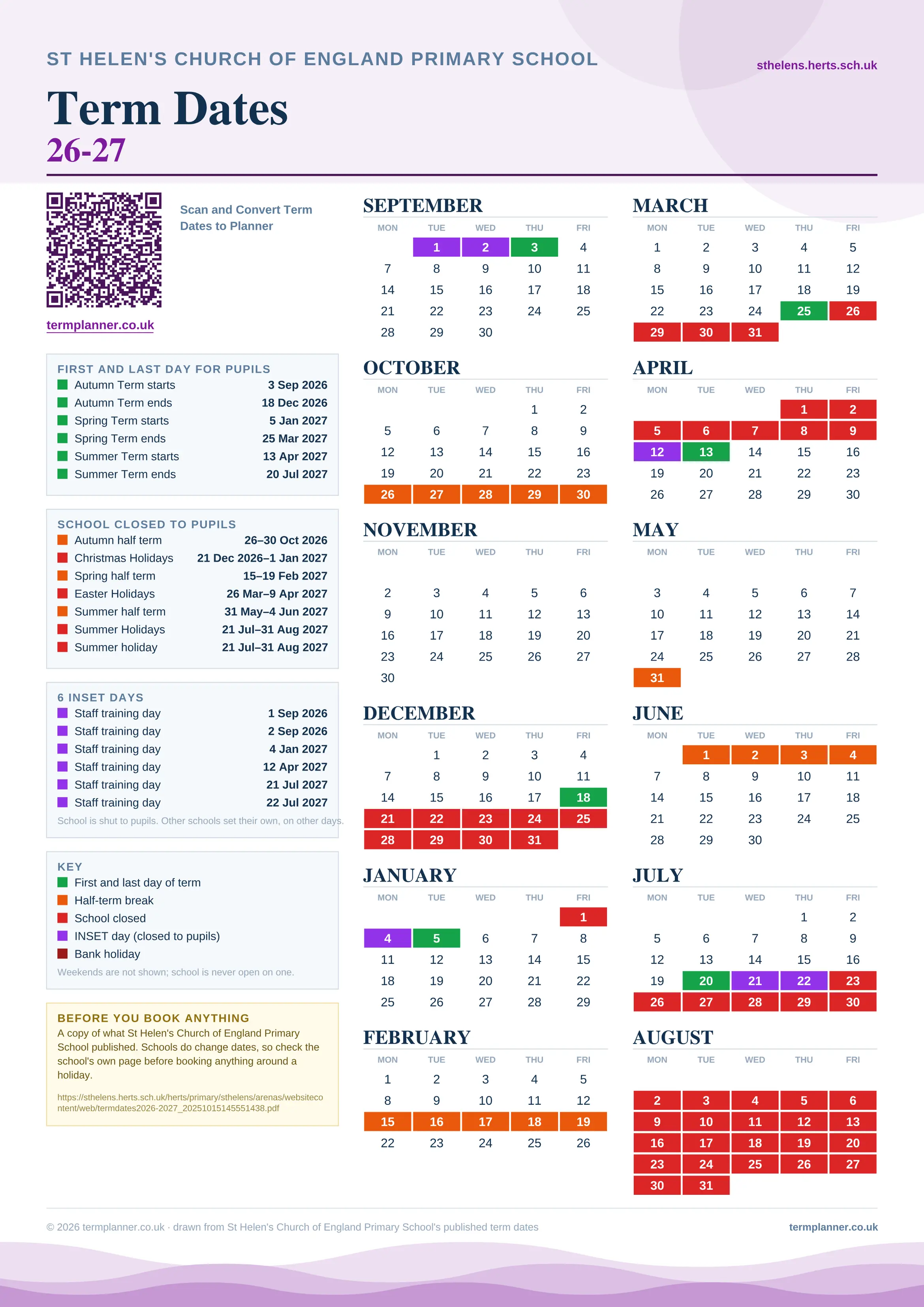 St Helen's Church of England Primary School’s 2026/27 school year drawn as one sheet: twelve month grids from September to August, Monday to Friday, with autumn term 3 September to 18 December 2026, spring term 5 January to 25 March 2027, summer term 13 April to 20 July 2027. Half terms, holidays and bank holidays are filled in colour, the first and last day of each term is marked, 6 INSET days are picked out, and every date is listed again in words down the left.