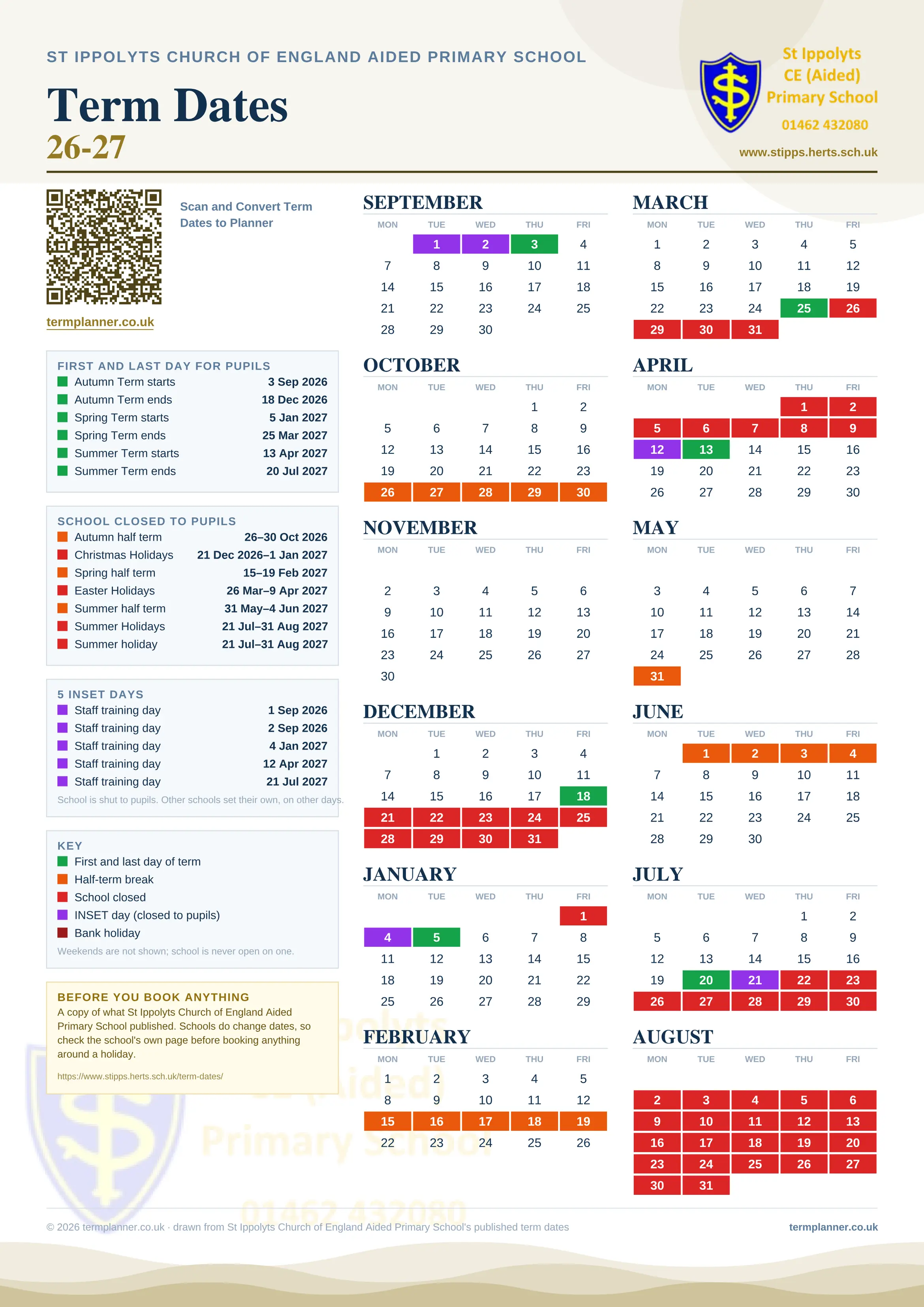 St Ippolyts Church of England Aided Primary School’s 2026/27 school year drawn as one sheet: twelve month grids from September to August, Monday to Friday, with autumn term 3 September to 18 December 2026, spring term 5 January to 25 March 2027, summer term 13 April to 20 July 2027. Half terms, holidays and bank holidays are filled in colour, the first and last day of each term is marked, 5 INSET days are picked out, and every date is listed again in words down the left.