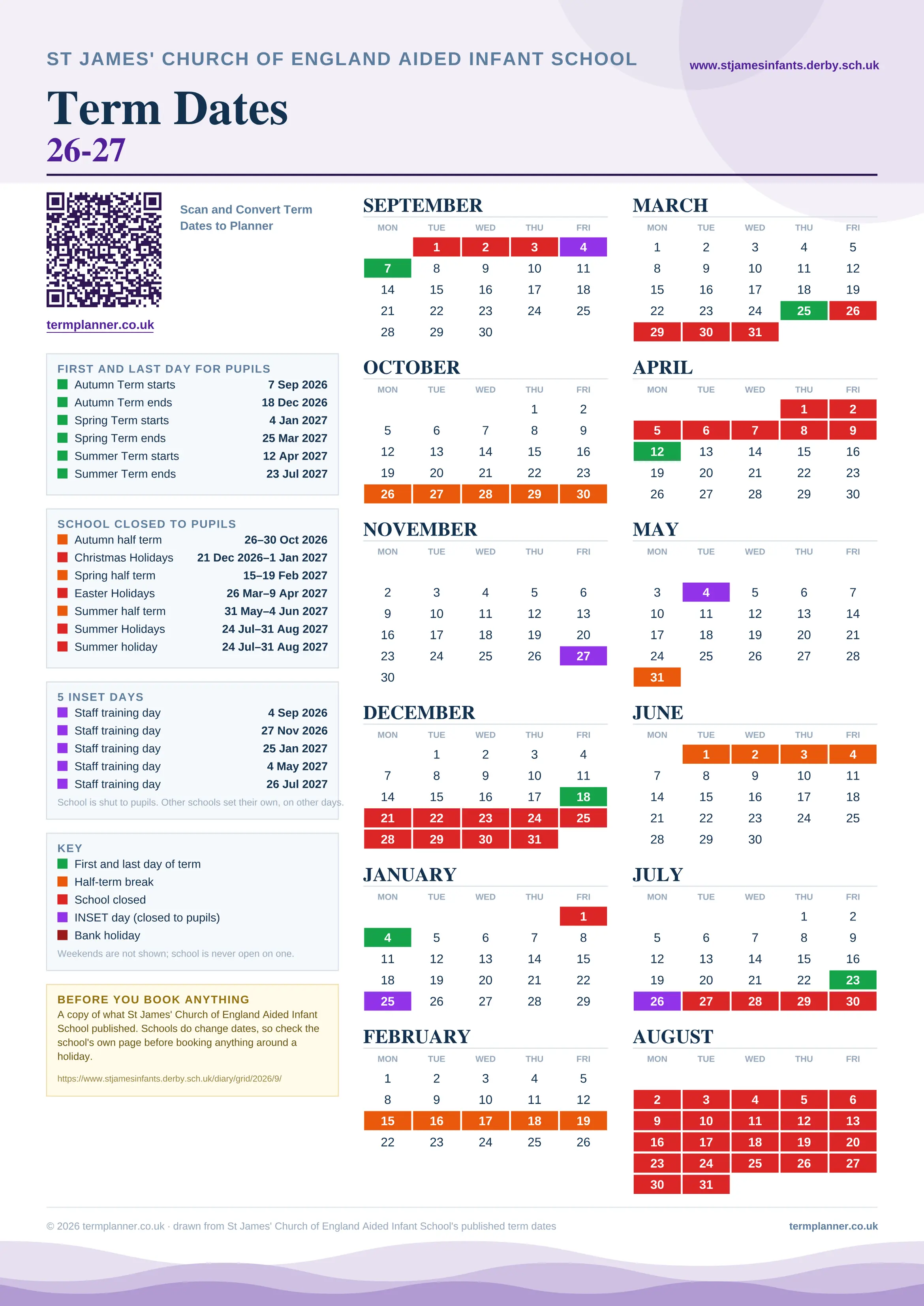 St James' Church of England Aided Infant School’s 2026/27 school year drawn as one sheet: twelve month grids from September to August, Monday to Friday, with autumn term 7 September to 18 December 2026, spring term 4 January to 25 March 2027, summer term 12 April to 23 July 2027. Half terms, holidays and bank holidays are filled in colour, the first and last day of each term is marked, 5 INSET days are picked out, and every date is listed again in words down the left.