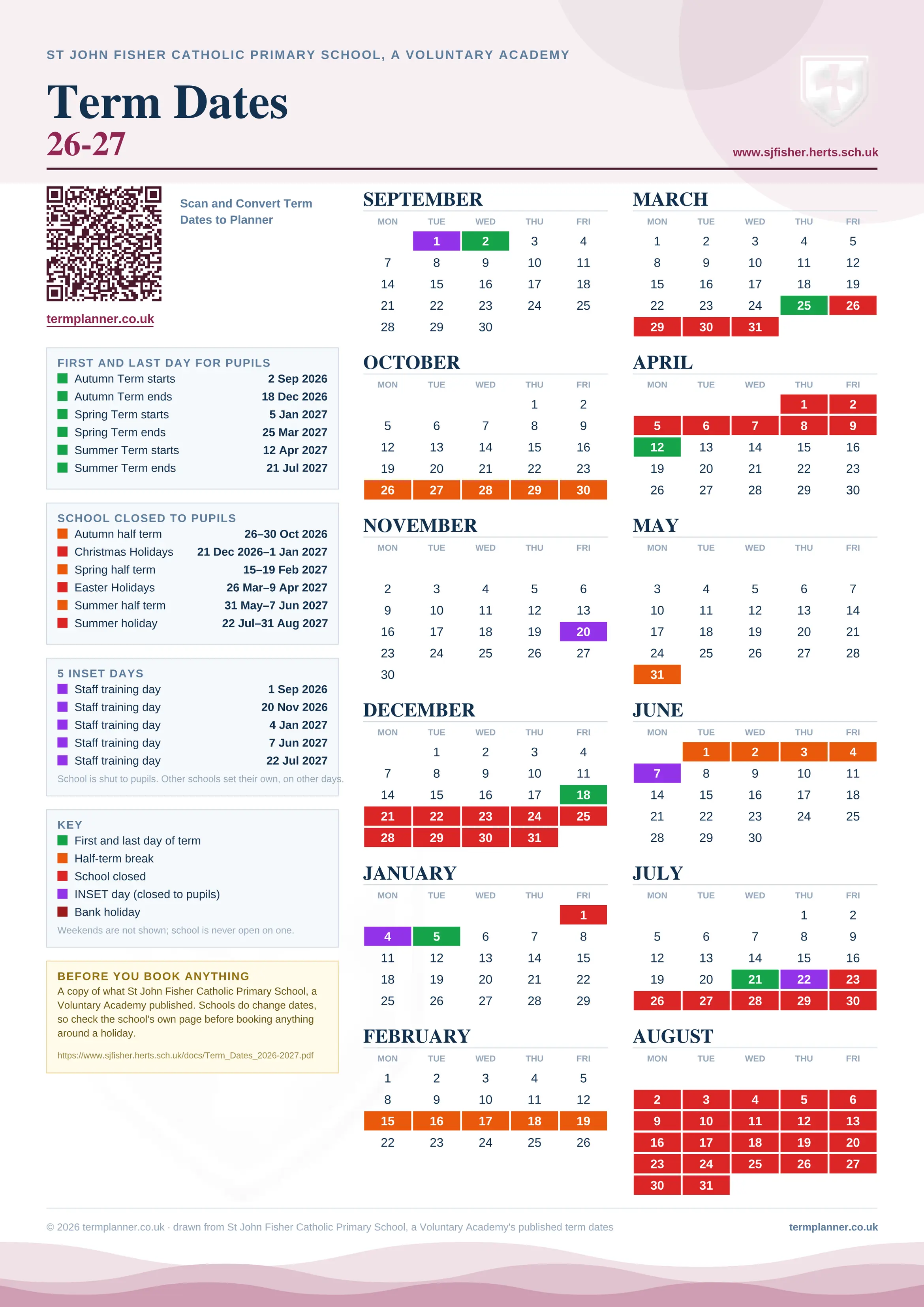 St John Fisher Catholic Primary School, a Voluntary Academy’s 2026/27 school year drawn as one sheet: twelve month grids from September to August, Monday to Friday, with autumn term 2 September to 18 December 2026, spring term 5 January to 25 March 2027, summer term 12 April to 21 July 2027. Half terms, holidays and bank holidays are filled in colour, the first and last day of each term is marked, 5 INSET days are picked out, and every date is listed again in words down the left.
