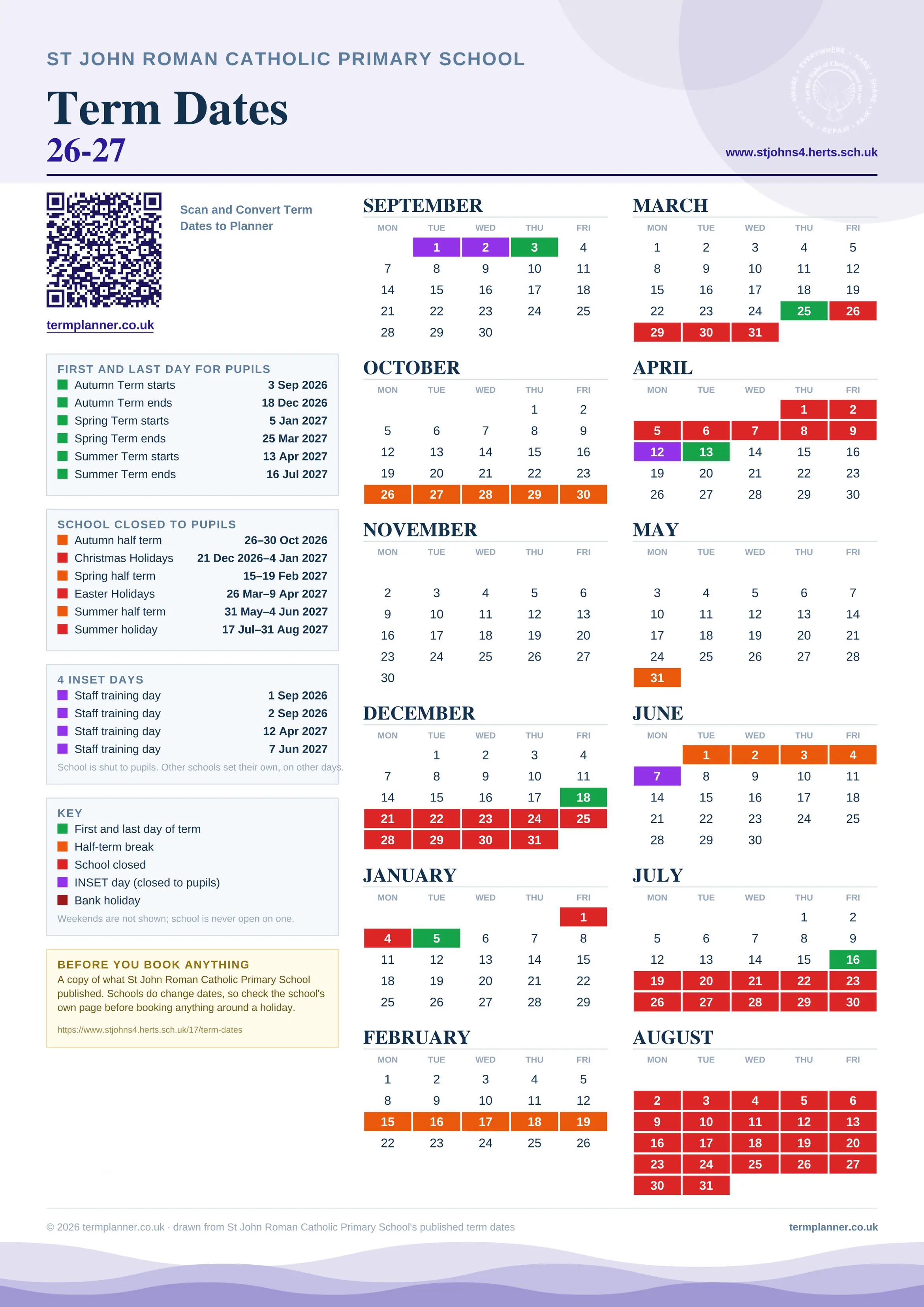 St John Roman Catholic Primary School’s 2026/27 school year drawn as one sheet: twelve month grids from September to August, Monday to Friday, with autumn term 3 September to 18 December 2026, spring term 5 January to 25 March 2027, summer term 13 April to 16 July 2027. Half terms, holidays and bank holidays are filled in colour, the first and last day of each term is marked, 4 INSET days are picked out, and every date is listed again in words down the left.