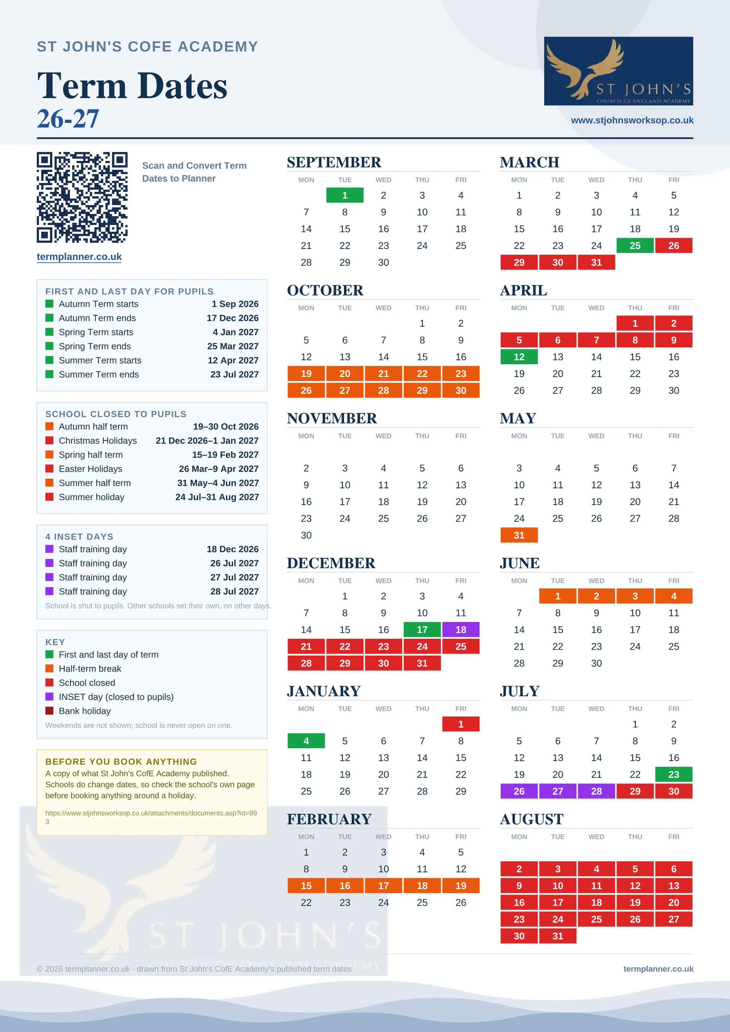 St John's CofE Academy’s 2026/27 school year drawn as one sheet: twelve month grids from September to August, Monday to Friday, with autumn term 1 September to 17 December 2026, spring term 4 January to 25 March 2027, summer term 12 April to 23 July 2027. Half terms, holidays and bank holidays are filled in colour, the first and last day of each term is marked, 4 INSET days are picked out, and every date is listed again in words down the left.