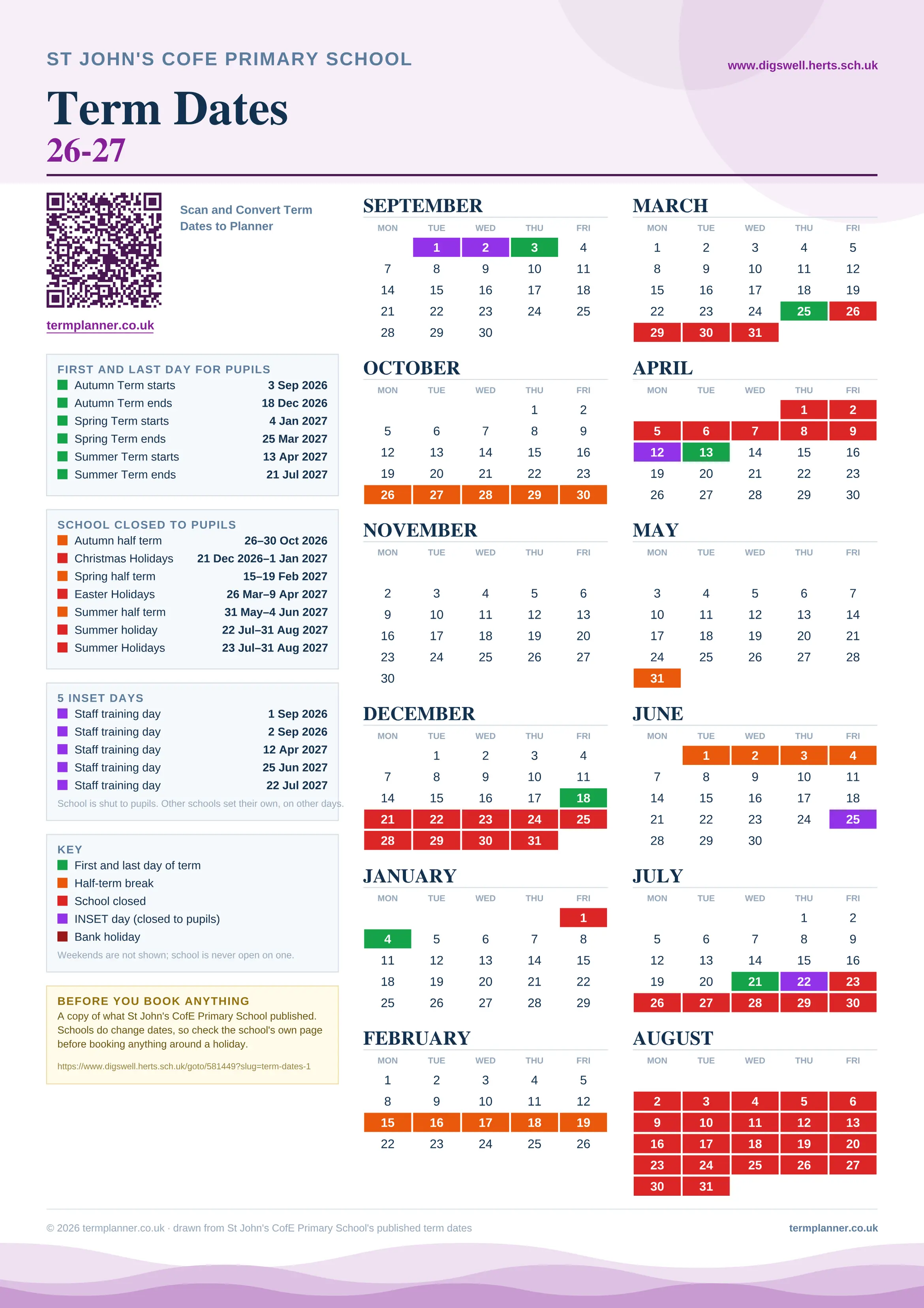 St John's CofE Primary School’s 2026/27 school year drawn as one sheet: twelve month grids from September to August, Monday to Friday, with autumn term 3 September to 18 December 2026, spring term 4 January to 25 March 2027, summer term 13 April to 21 July 2027. Half terms, holidays and bank holidays are filled in colour, the first and last day of each term is marked, 5 INSET days are picked out, and every date is listed again in words down the left.