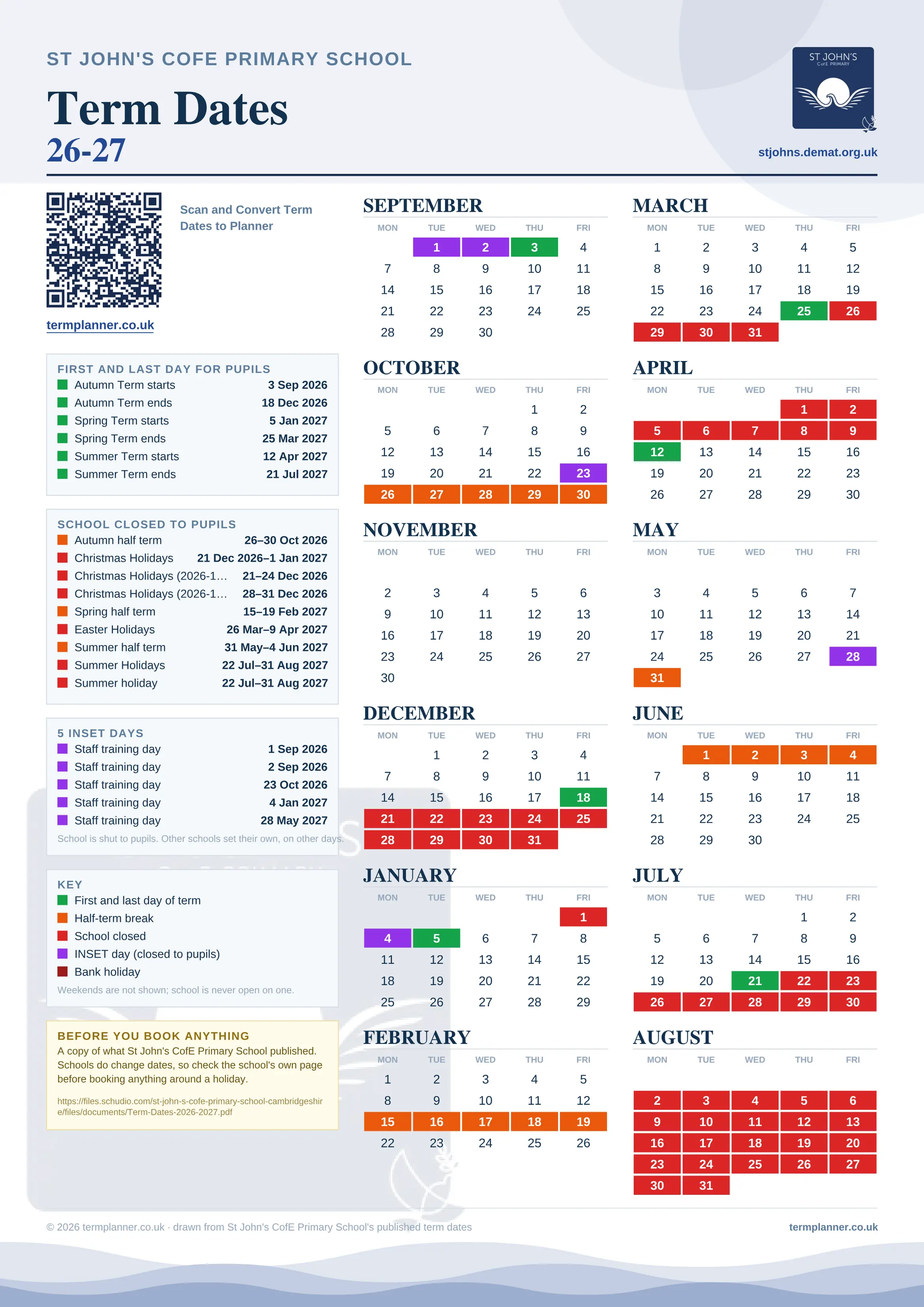 St John's CofE Primary School’s 2026/27 school year drawn as one sheet: twelve month grids from September to August, Monday to Friday, with autumn term 3 September to 18 December 2026, spring term 5 January to 25 March 2027, summer term 12 April to 21 July 2027. Half terms, holidays and bank holidays are filled in colour, the first and last day of each term is marked, 5 INSET days are picked out, and every date is listed again in words down the left.