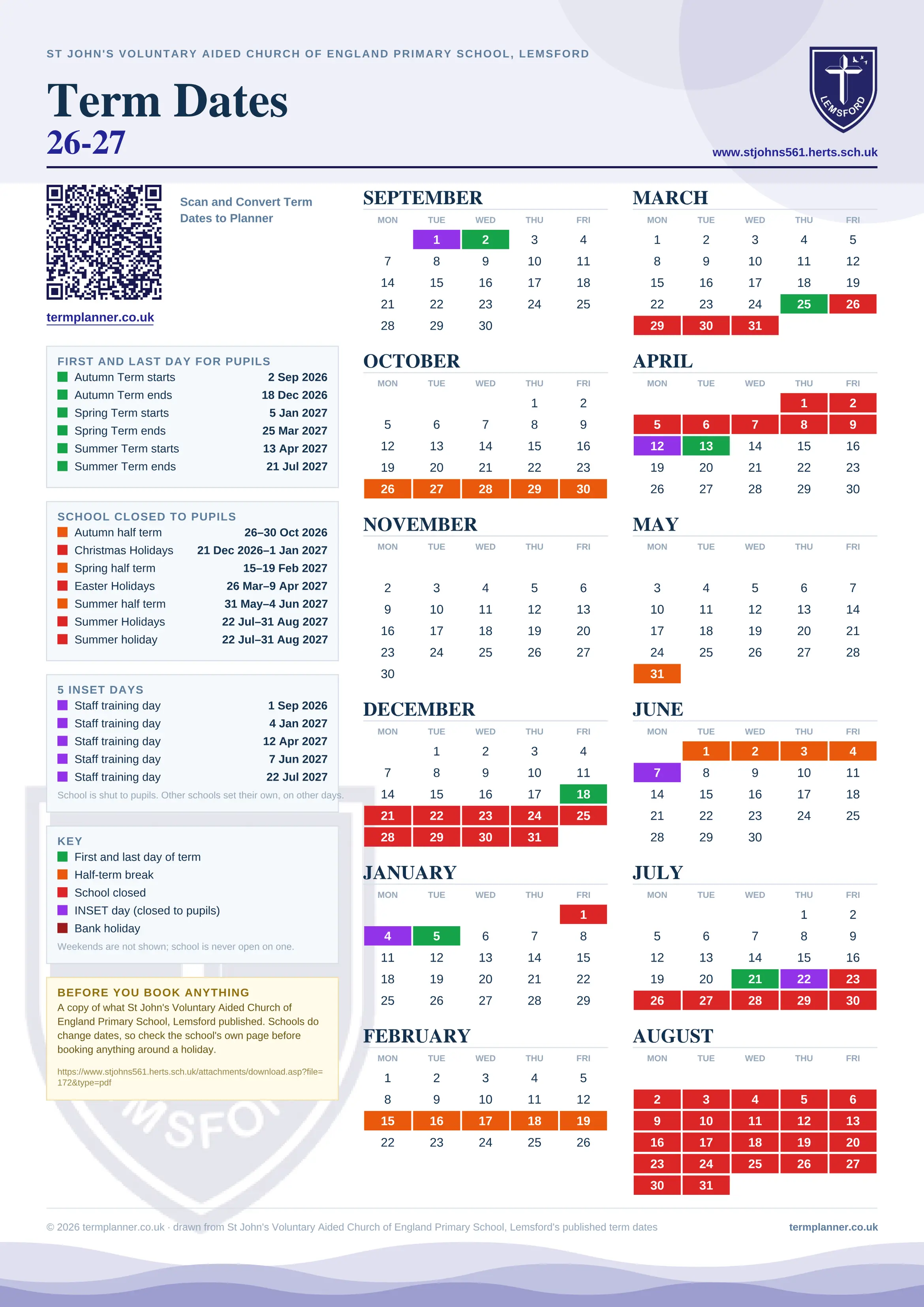 St John's Voluntary Aided Church of England Primary School, Lemsford’s 2026/27 school year drawn as one sheet: twelve month grids from September to August, Monday to Friday, with autumn term 2 September to 18 December 2026, spring term 5 January to 25 March 2027, summer term 13 April to 21 July 2027. Half terms, holidays and bank holidays are filled in colour, the first and last day of each term is marked, 5 INSET days are picked out, and every date is listed again in words down the left.