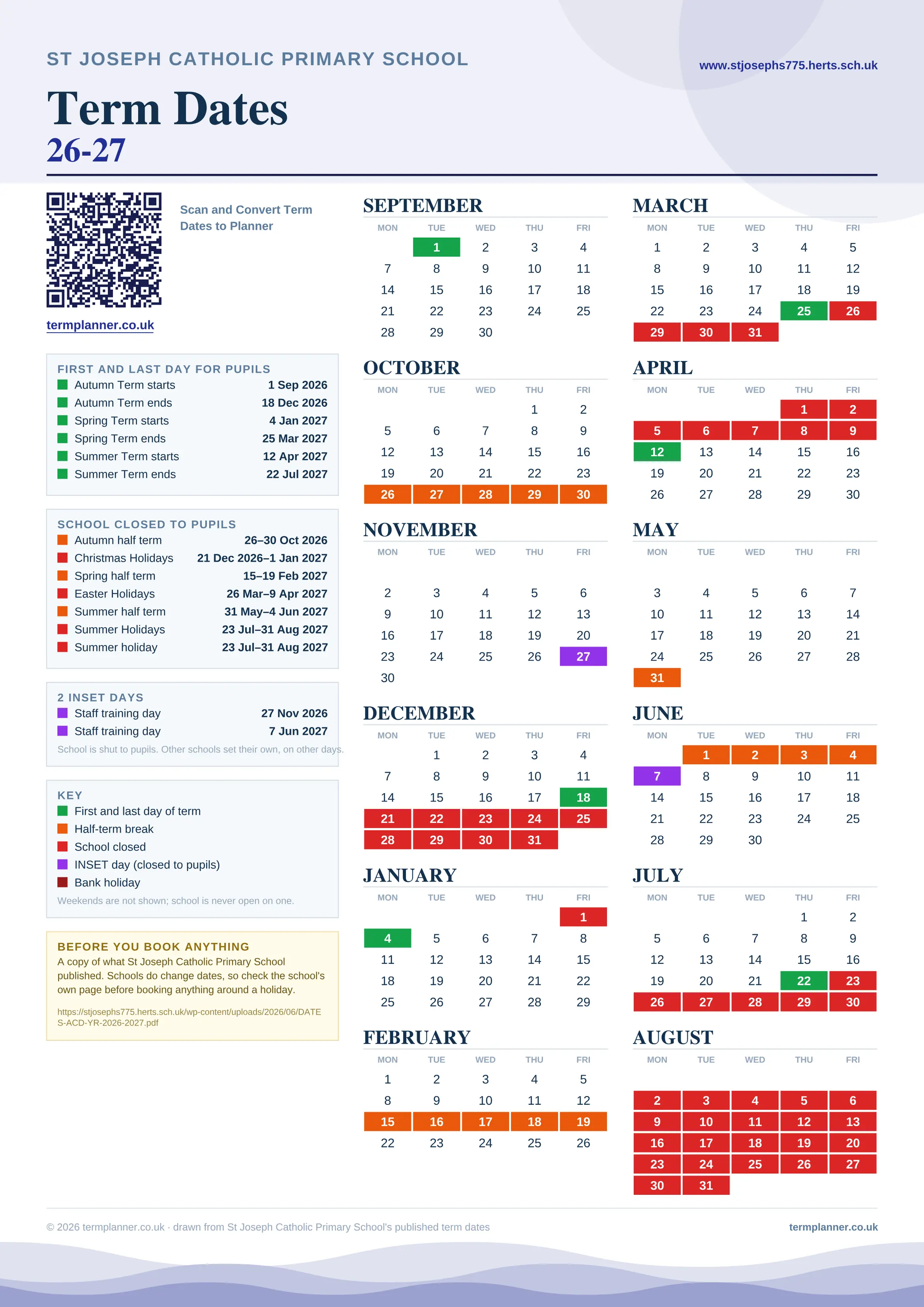 St Joseph Catholic Primary School’s 2026/27 school year drawn as one sheet: twelve month grids from September to August, Monday to Friday, with autumn term 1 September to 18 December 2026, spring term 4 January to 25 March 2027, summer term 12 April to 22 July 2027. Half terms, holidays and bank holidays are filled in colour, the first and last day of each term is marked, 2 INSET days are picked out, and every date is listed again in words down the left.