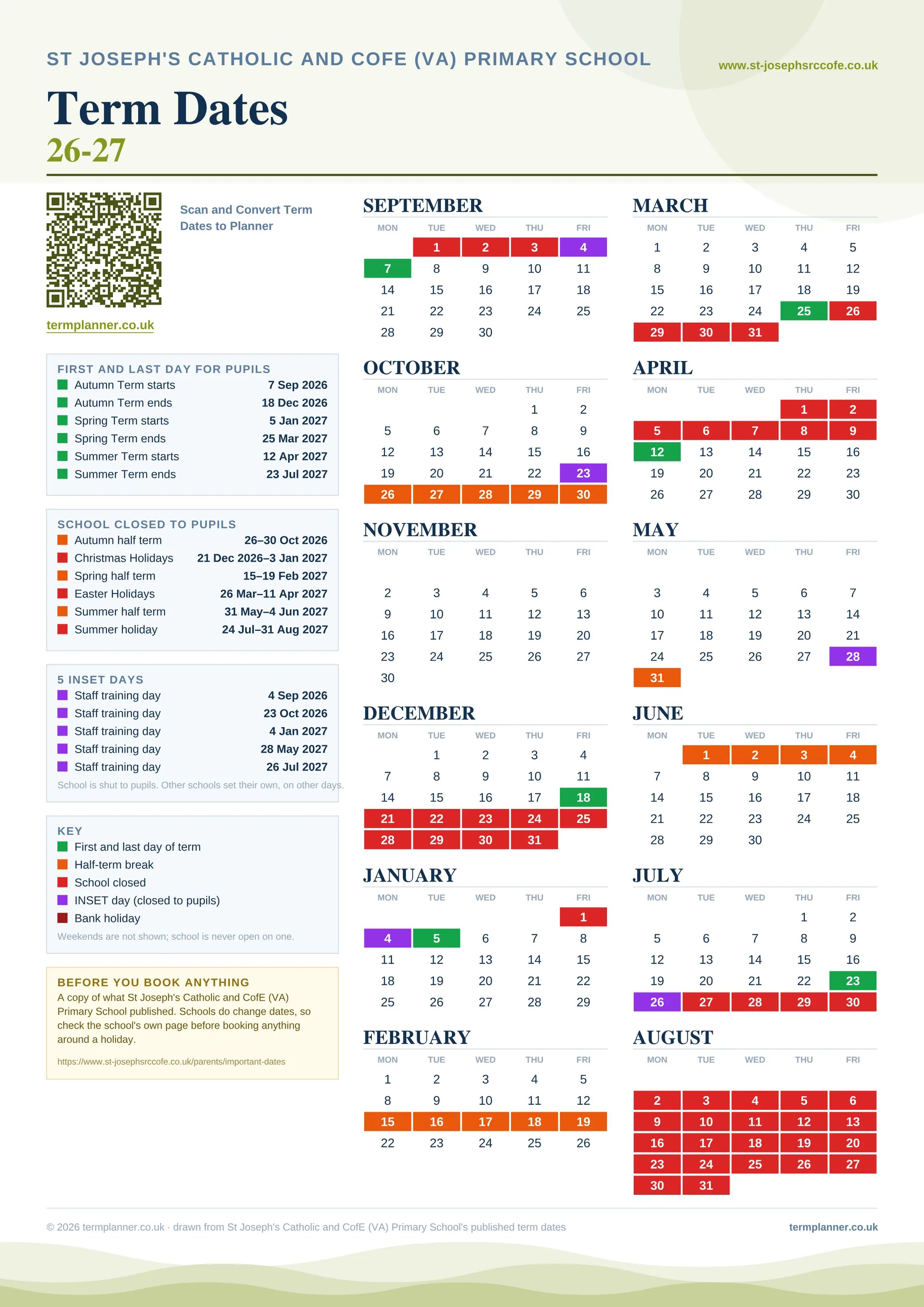 St Joseph's Catholic and CofE (VA) Primary School’s 2026/27 school year drawn as one sheet: twelve month grids from September to August, Monday to Friday, with autumn term 7 September to 18 December 2026, spring term 5 January to 25 March 2027, summer term 12 April to 23 July 2027. Half terms, holidays and bank holidays are filled in colour, the first and last day of each term is marked, 5 INSET days are picked out, and every date is listed again in words down the left.