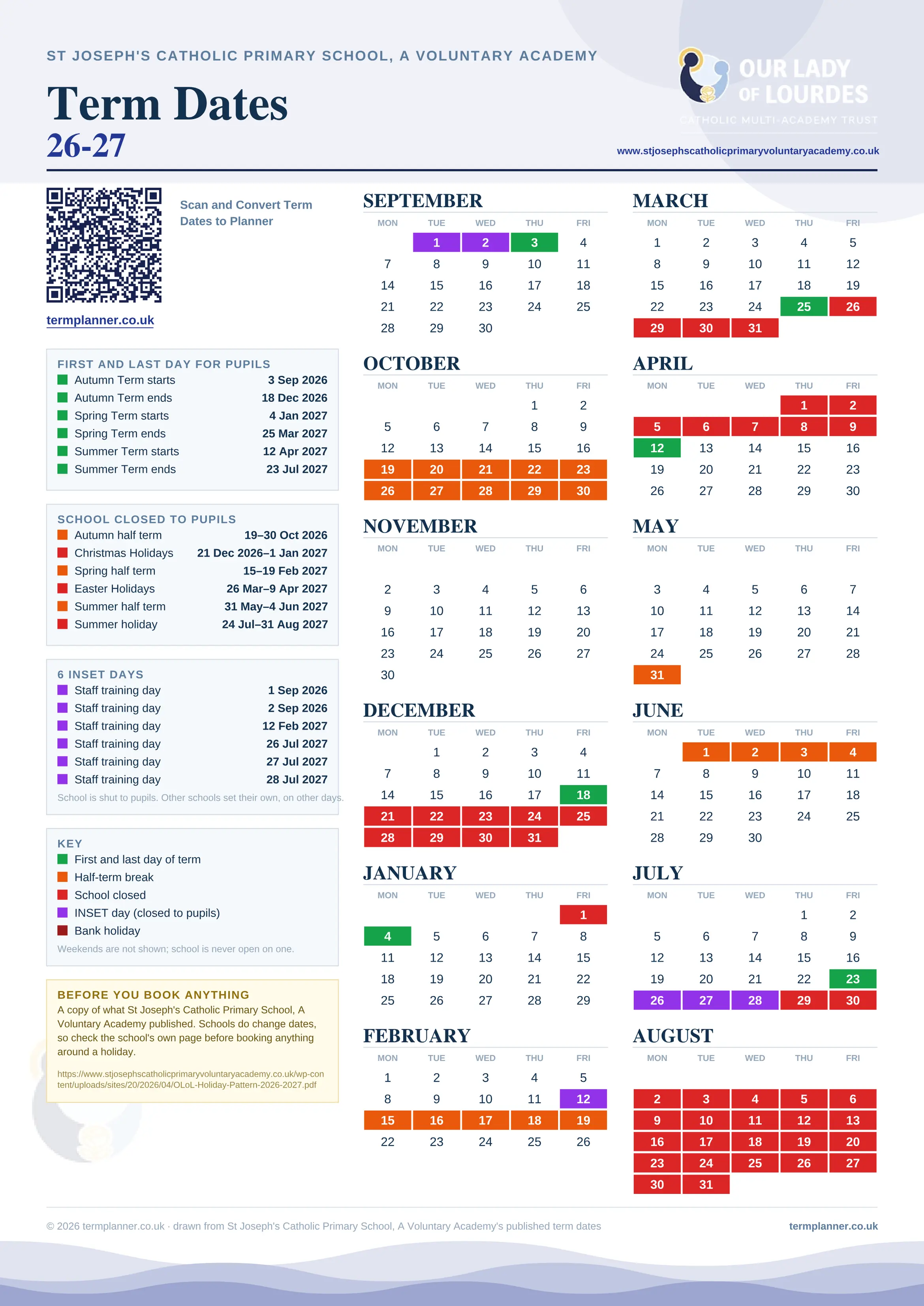 St Joseph's Catholic Primary School, A Voluntary Academy’s 2026/27 school year drawn as one sheet: twelve month grids from September to August, Monday to Friday, with autumn term 3 September to 18 December 2026, spring term 4 January to 25 March 2027, summer term 12 April to 23 July 2027. Half terms, holidays and bank holidays are filled in colour, the first and last day of each term is marked, 6 INSET days are picked out, and every date is listed again in words down the left.