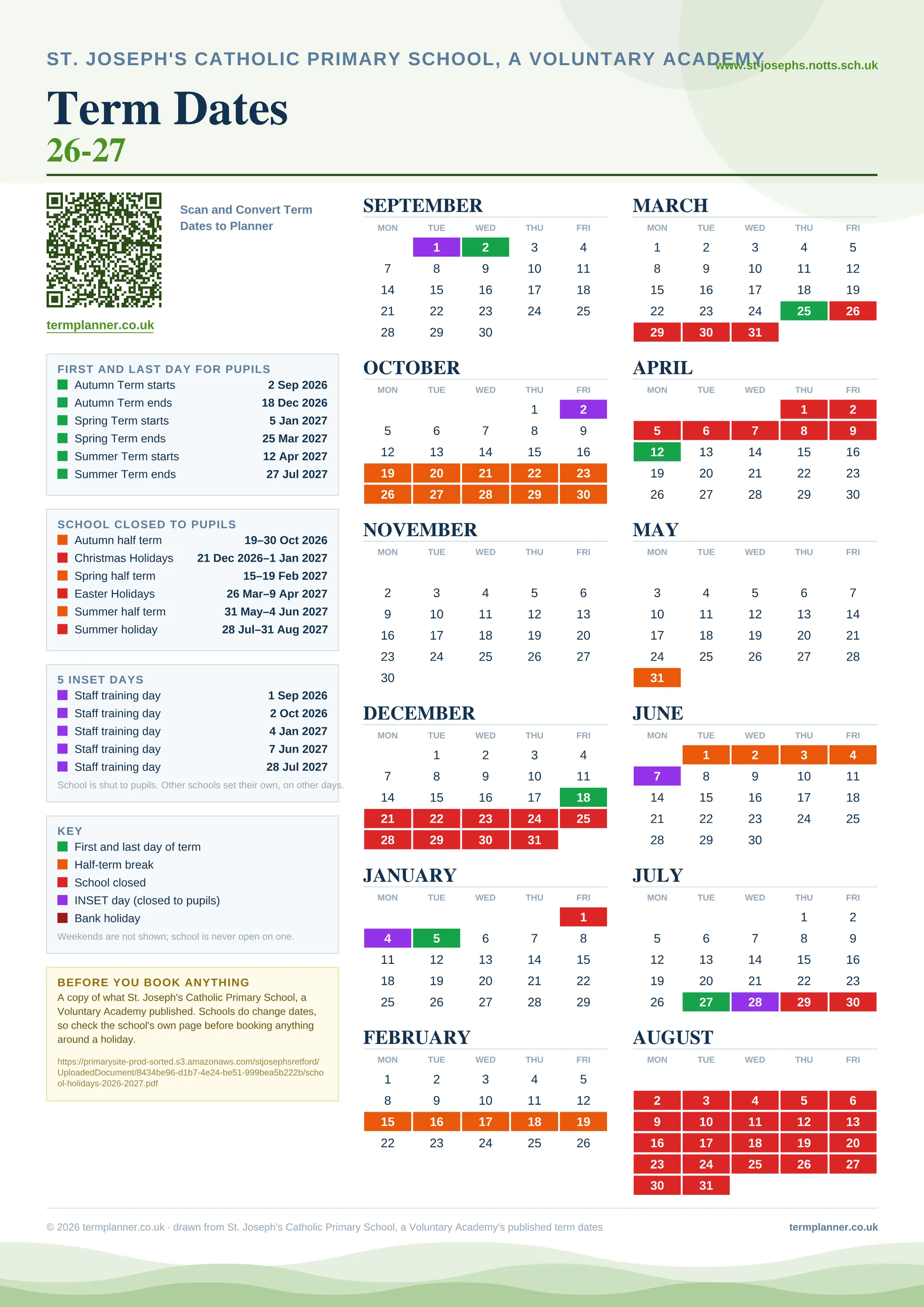 St. Joseph's Catholic Primary School, a Voluntary Academy’s 2026/27 school year drawn as one sheet: twelve month grids from September to August, Monday to Friday, with autumn term 2 September to 18 December 2026, spring term 5 January to 25 March 2027, summer term 12 April to 27 July 2027. Half terms, holidays and bank holidays are filled in colour, the first and last day of each term is marked, 5 INSET days are picked out, and every date is listed again in words down the left.
