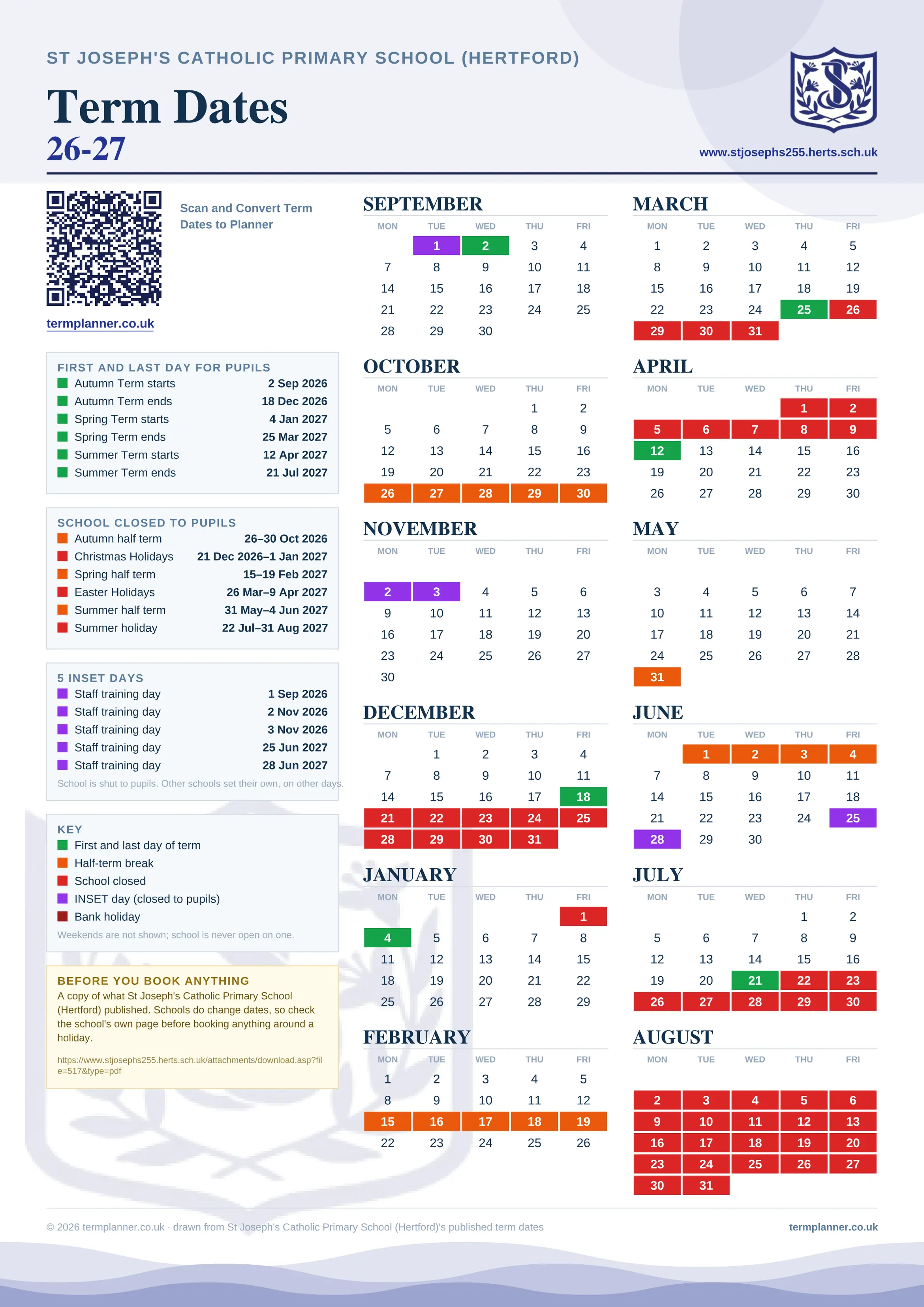 St Joseph's Catholic Primary School (Hertford)’s 2026/27 school year drawn as one sheet: twelve month grids from September to August, Monday to Friday, with autumn term 2 September to 18 December 2026, spring term 4 January to 25 March 2027, summer term 12 April to 21 July 2027. Half terms, holidays and bank holidays are filled in colour, the first and last day of each term is marked, 5 INSET days are picked out, and every date is listed again in words down the left.