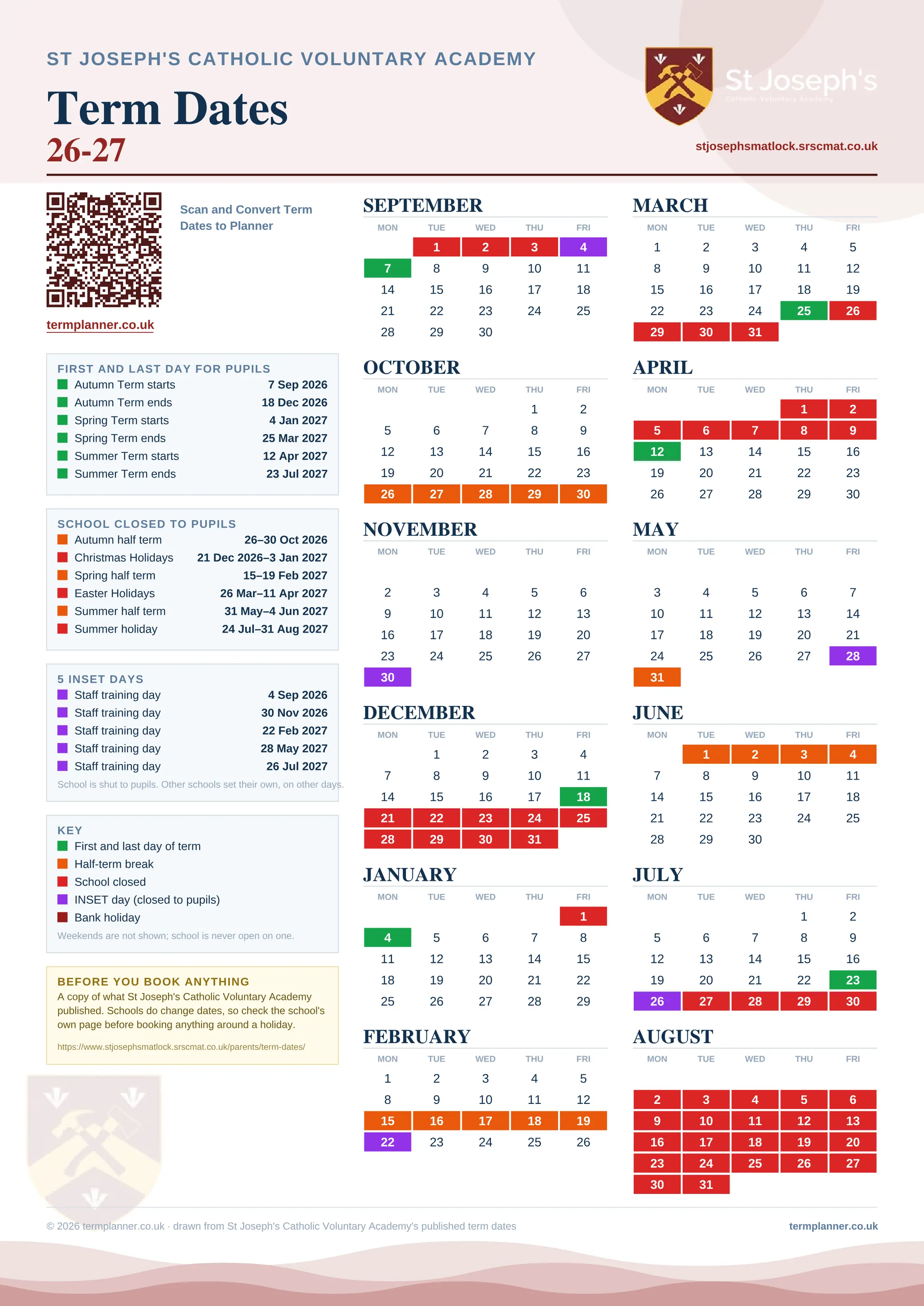 St Joseph's Catholic Voluntary Academy’s 2026/27 school year drawn as one sheet: twelve month grids from September to August, Monday to Friday, with autumn term 7 September to 18 December 2026, spring term 4 January to 25 March 2027, summer term 12 April to 23 July 2027. Half terms, holidays and bank holidays are filled in colour, the first and last day of each term is marked, 5 INSET days are picked out, and every date is listed again in words down the left.