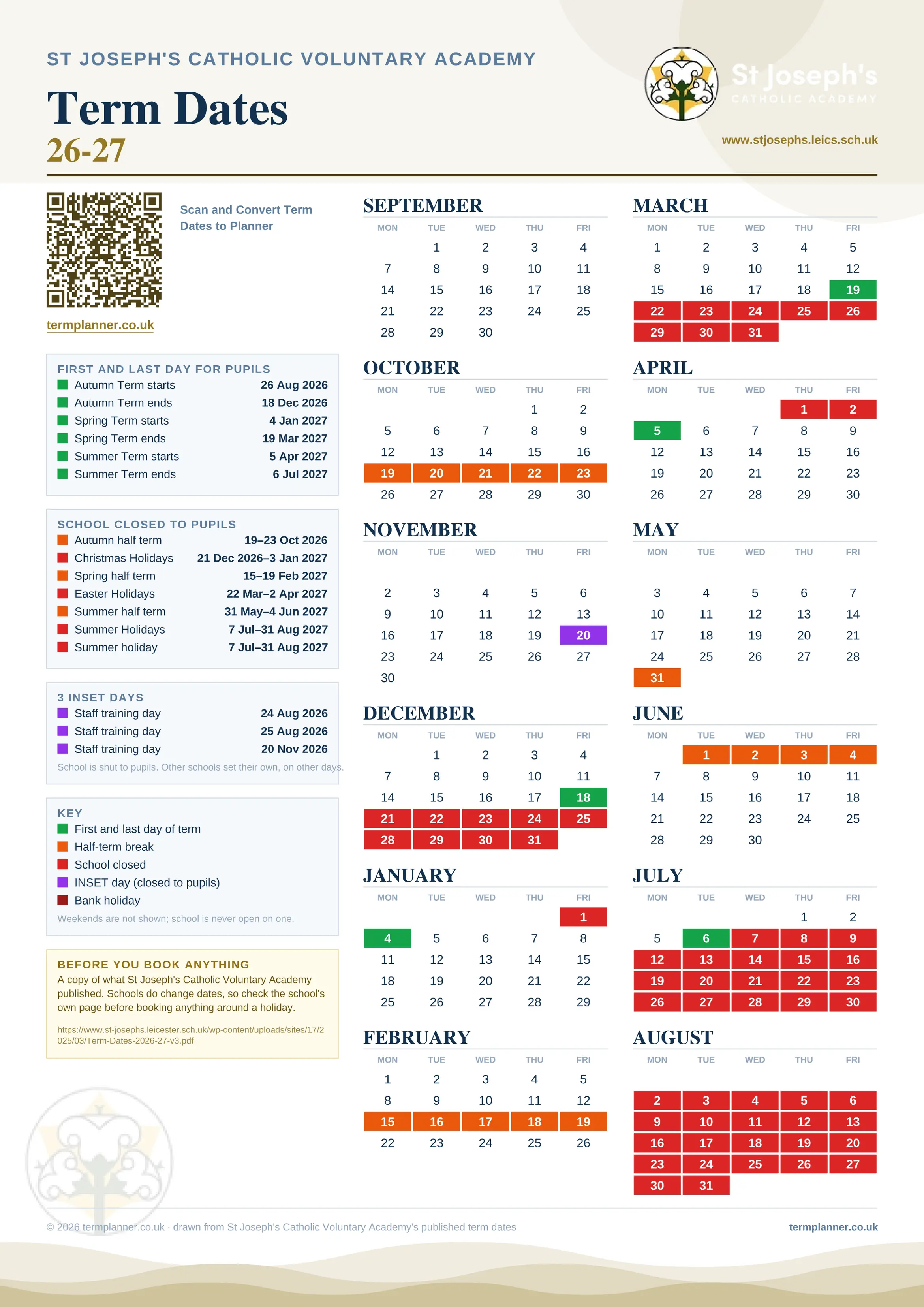 St Joseph's Catholic Voluntary Academy’s 2026/27 school year drawn as one sheet: twelve month grids from September to August, Monday to Friday, with autumn term 26 August to 18 December 2026, spring term 4 January to 19 March 2027, summer term 5 April to 6 July 2027. Half terms, holidays and bank holidays are filled in colour, the first and last day of each term is marked, 3 INSET days are picked out, and every date is listed again in words down the left.