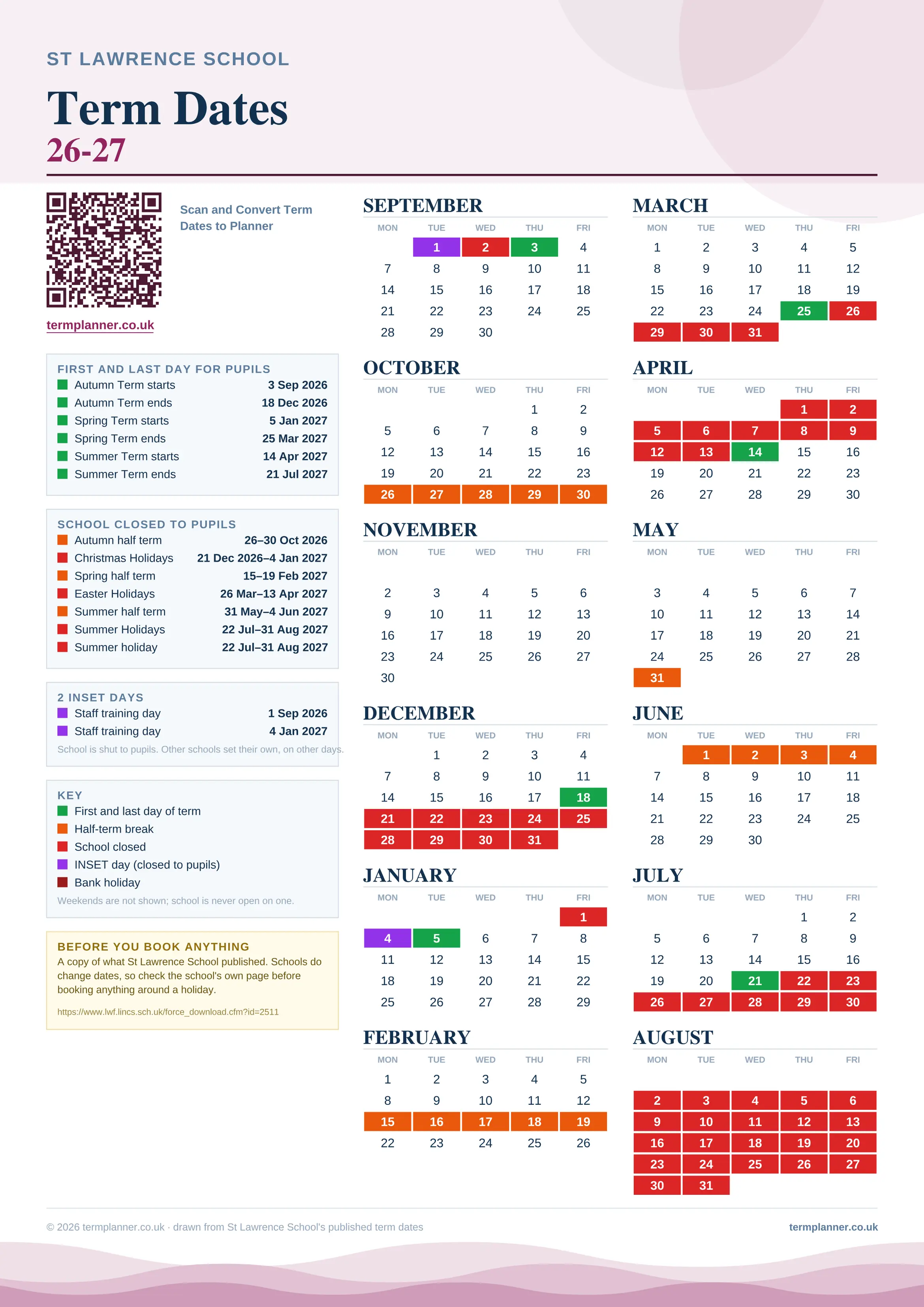 St Lawrence School’s 2026/27 school year drawn as one sheet: twelve month grids from September to August, Monday to Friday, with autumn term 3 September to 18 December 2026, spring term 5 January to 25 March 2027, summer term 14 April to 21 July 2027. Half terms, holidays and bank holidays are filled in colour, the first and last day of each term is marked, 2 INSET days are picked out, and every date is listed again in words down the left.
