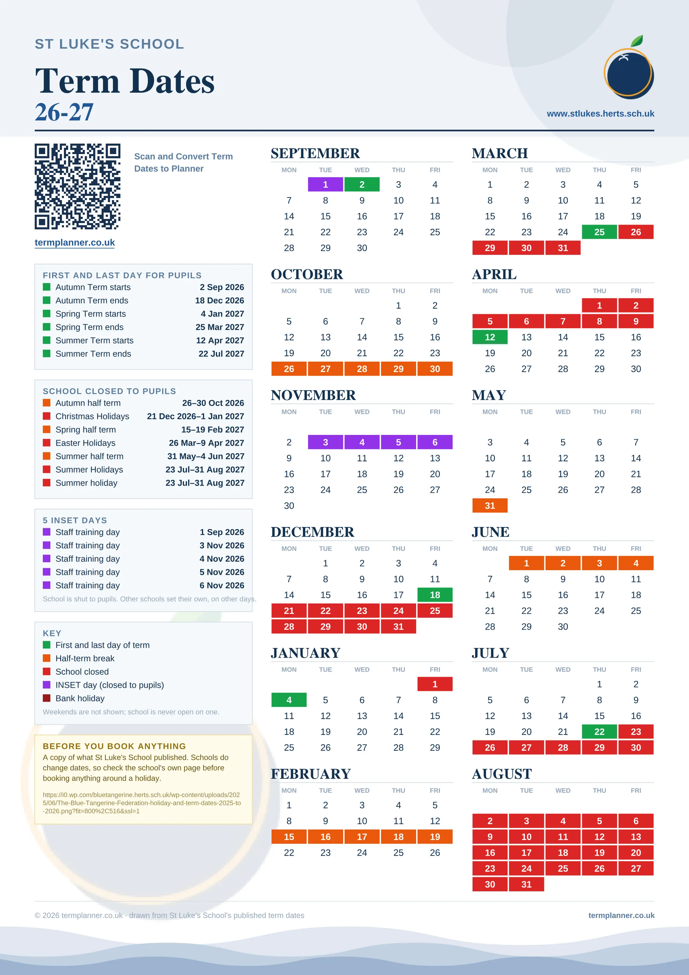 St Luke's School’s 2026/27 school year drawn as one sheet: twelve month grids from September to August, Monday to Friday, with autumn term 2 September to 18 December 2026, spring term 4 January to 25 March 2027, summer term 12 April to 22 July 2027. Half terms, holidays and bank holidays are filled in colour, the first and last day of each term is marked, 5 INSET days are picked out, and every date is listed again in words down the left.