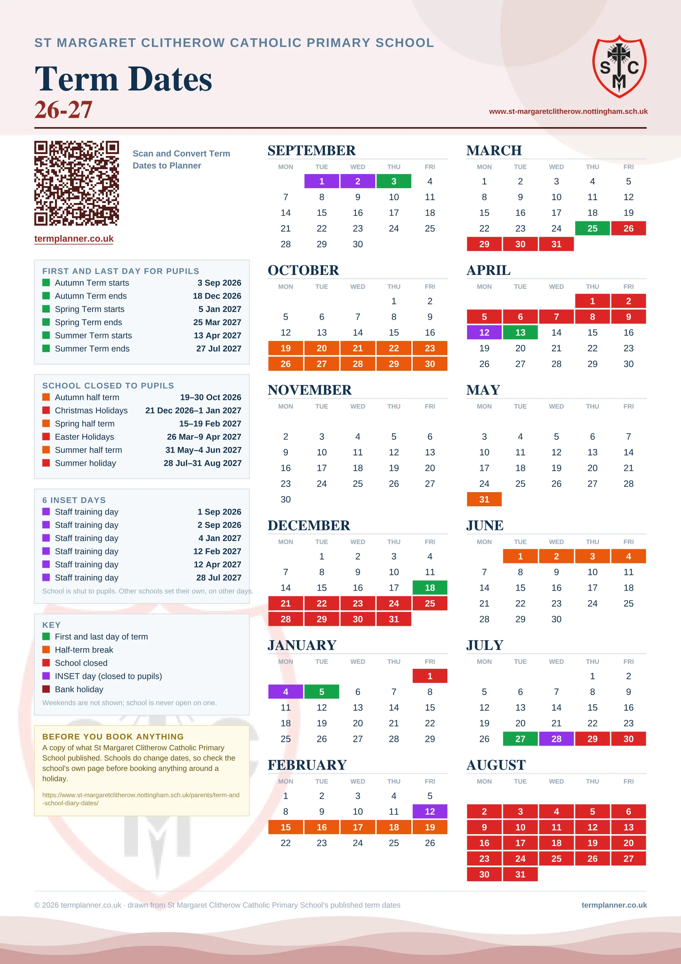 St Margaret Clitherow Catholic Primary School’s 2026/27 school year drawn as one sheet: twelve month grids from September to August, Monday to Friday, with autumn term 3 September to 18 December 2026, spring term 5 January to 25 March 2027, summer term 13 April to 27 July 2027. Half terms, holidays and bank holidays are filled in colour, the first and last day of each term is marked, 6 INSET days are picked out, and every date is listed again in words down the left.