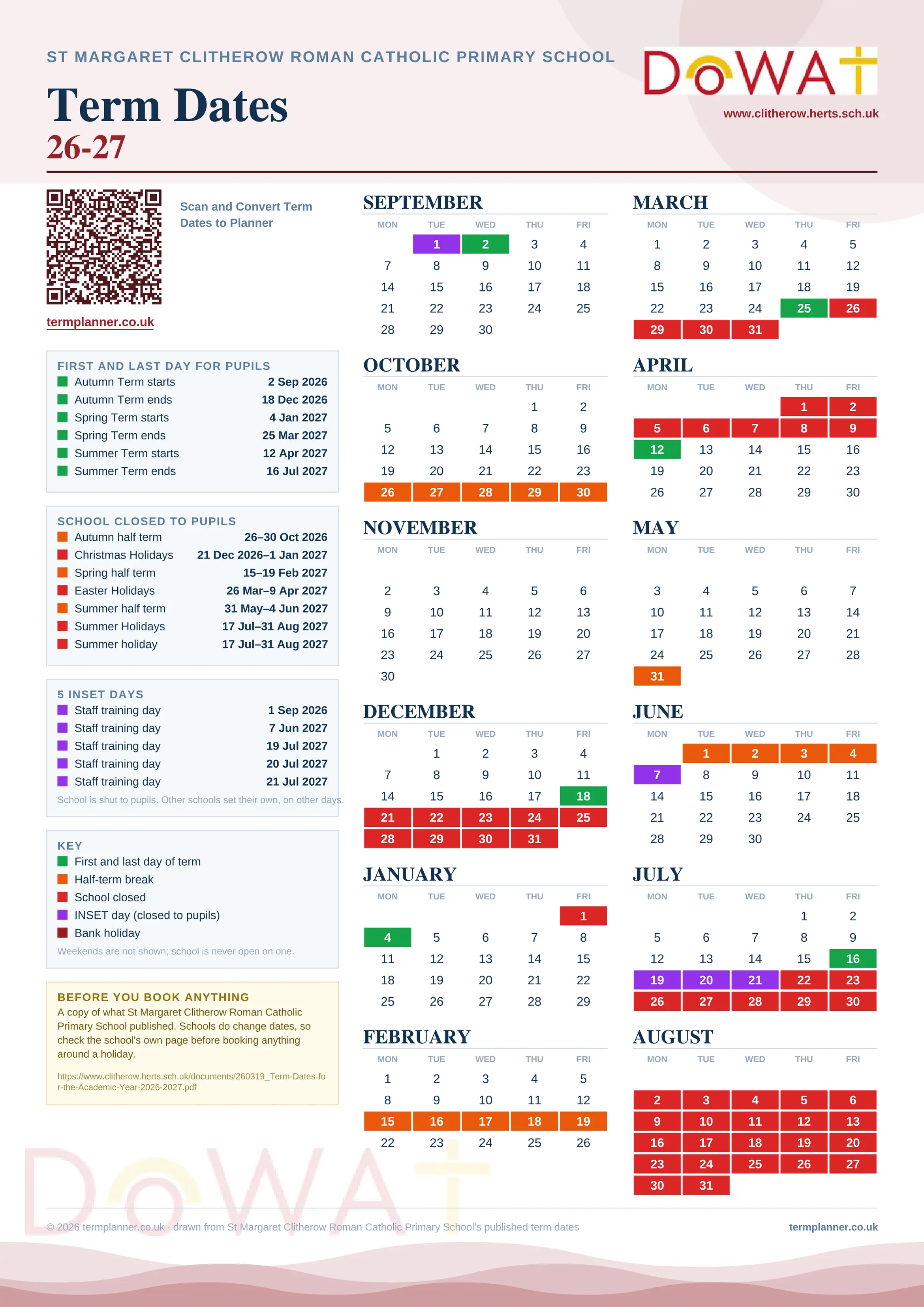 St Margaret Clitherow Roman Catholic Primary School’s 2026/27 school year drawn as one sheet: twelve month grids from September to August, Monday to Friday, with autumn term 2 September to 18 December 2026, spring term 4 January to 25 March 2027, summer term 12 April to 16 July 2027. Half terms, holidays and bank holidays are filled in colour, the first and last day of each term is marked, 5 INSET days are picked out, and every date is listed again in words down the left.