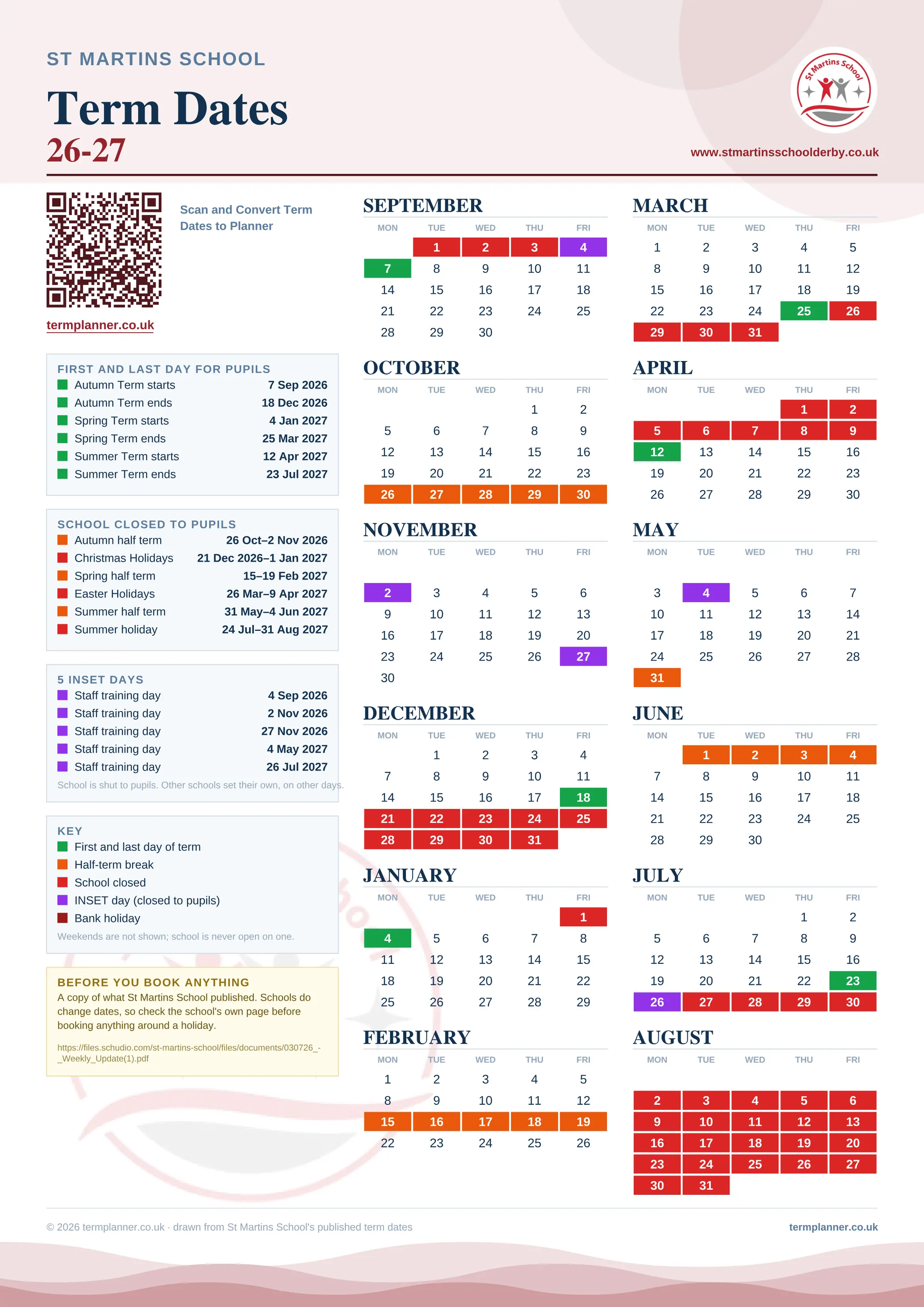 St Martins School’s 2026/27 school year drawn as one sheet: twelve month grids from September to August, Monday to Friday, with autumn term 7 September to 18 December 2026, spring term 4 January to 25 March 2027, summer term 12 April to 23 July 2027. Half terms, holidays and bank holidays are filled in colour, the first and last day of each term is marked, 5 INSET days are picked out, and every date is listed again in words down the left.