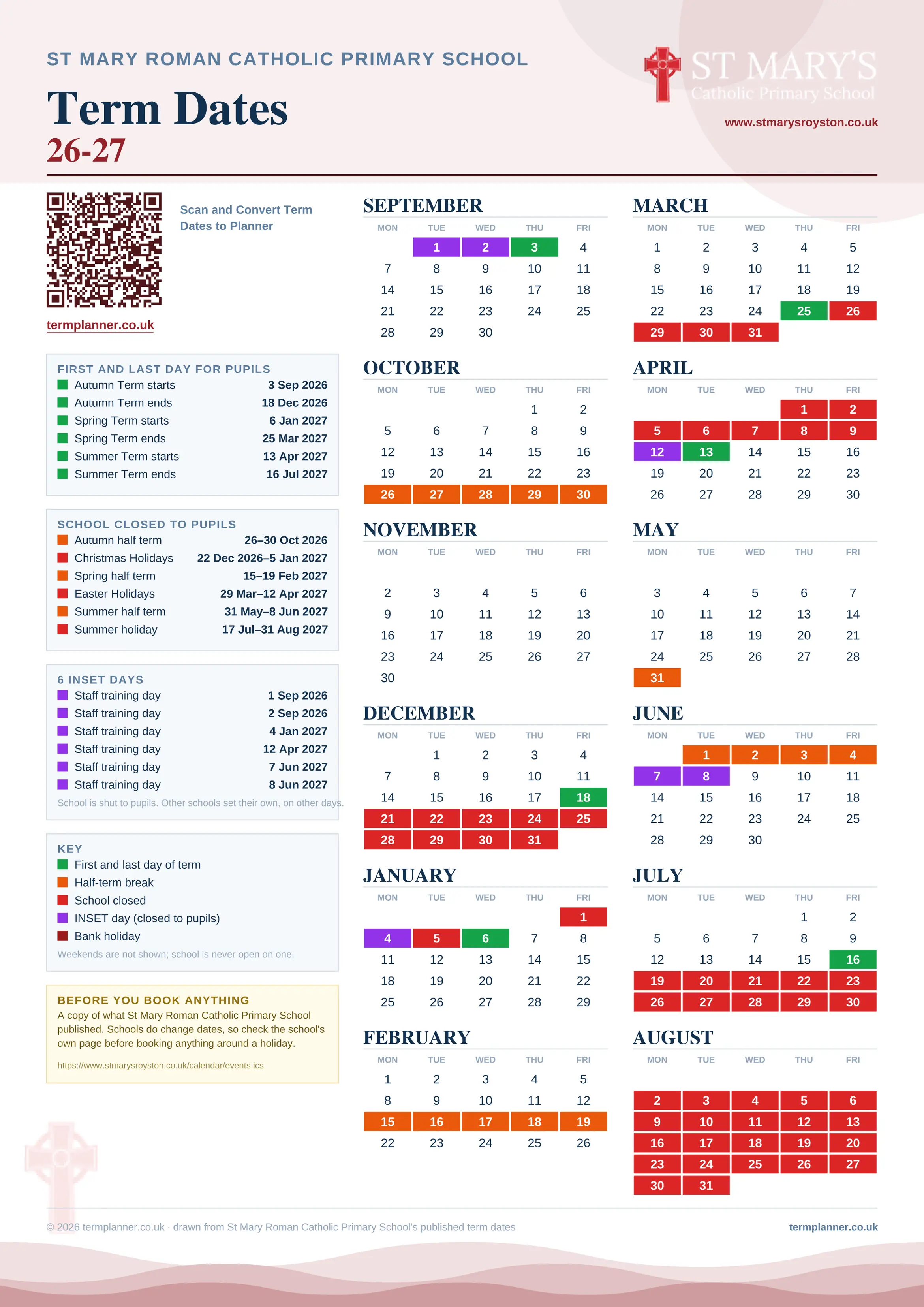 St Mary Roman Catholic Primary School’s 2026/27 school year drawn as one sheet: twelve month grids from September to August, Monday to Friday, with autumn term 3 September to 18 December 2026, spring term 6 January to 25 March 2027, summer term 13 April to 16 July 2027. Half terms, holidays and bank holidays are filled in colour, the first and last day of each term is marked, 6 INSET days are picked out, and every date is listed again in words down the left.