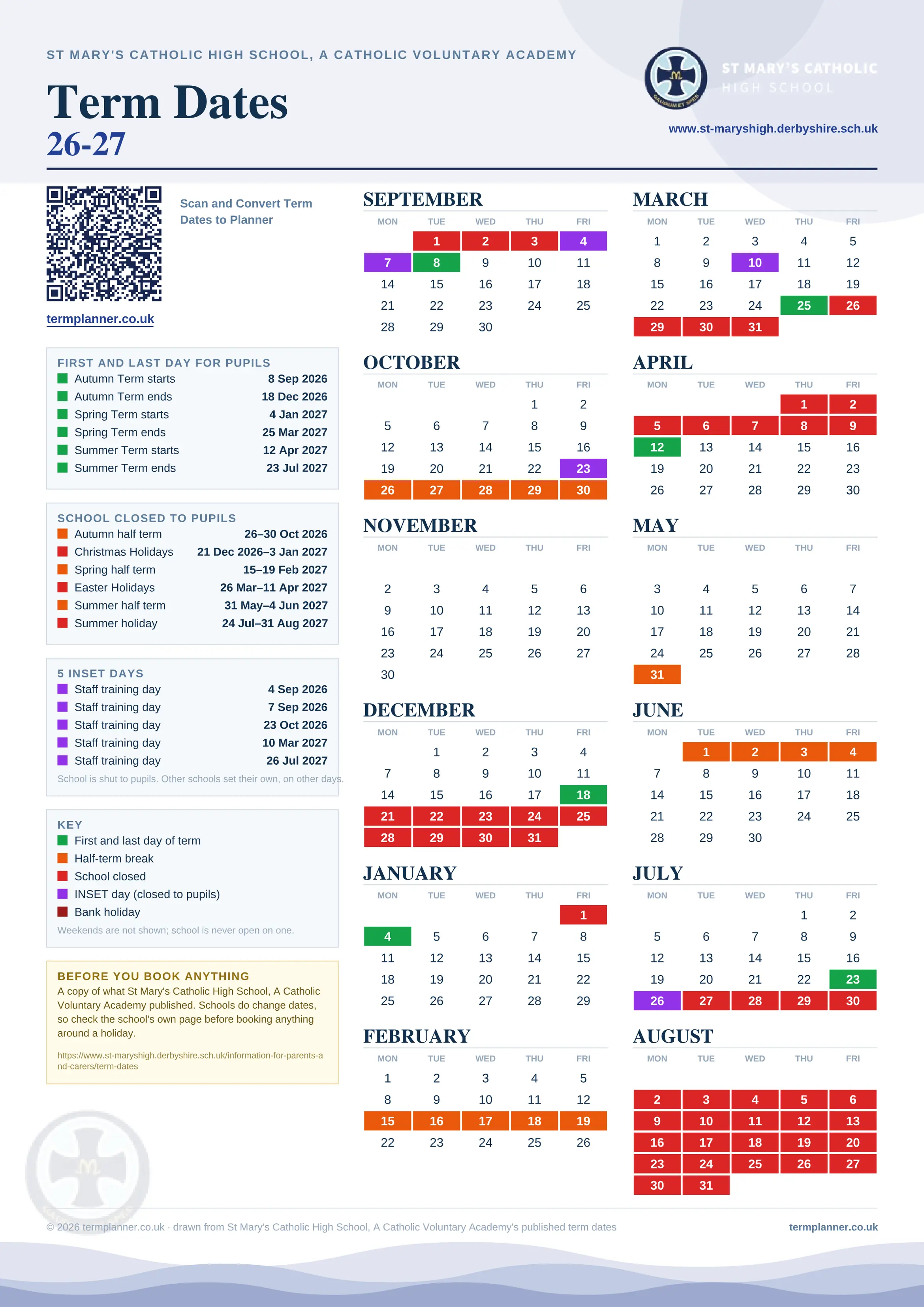 St Mary's Catholic High School, A Catholic Voluntary Academy’s 2026/27 school year drawn as one sheet: twelve month grids from September to August, Monday to Friday, with autumn term 8 September to 18 December 2026, spring term 4 January to 25 March 2027, summer term 12 April to 23 July 2027. Half terms, holidays and bank holidays are filled in colour, the first and last day of each term is marked, 5 INSET days are picked out, and every date is listed again in words down the left.