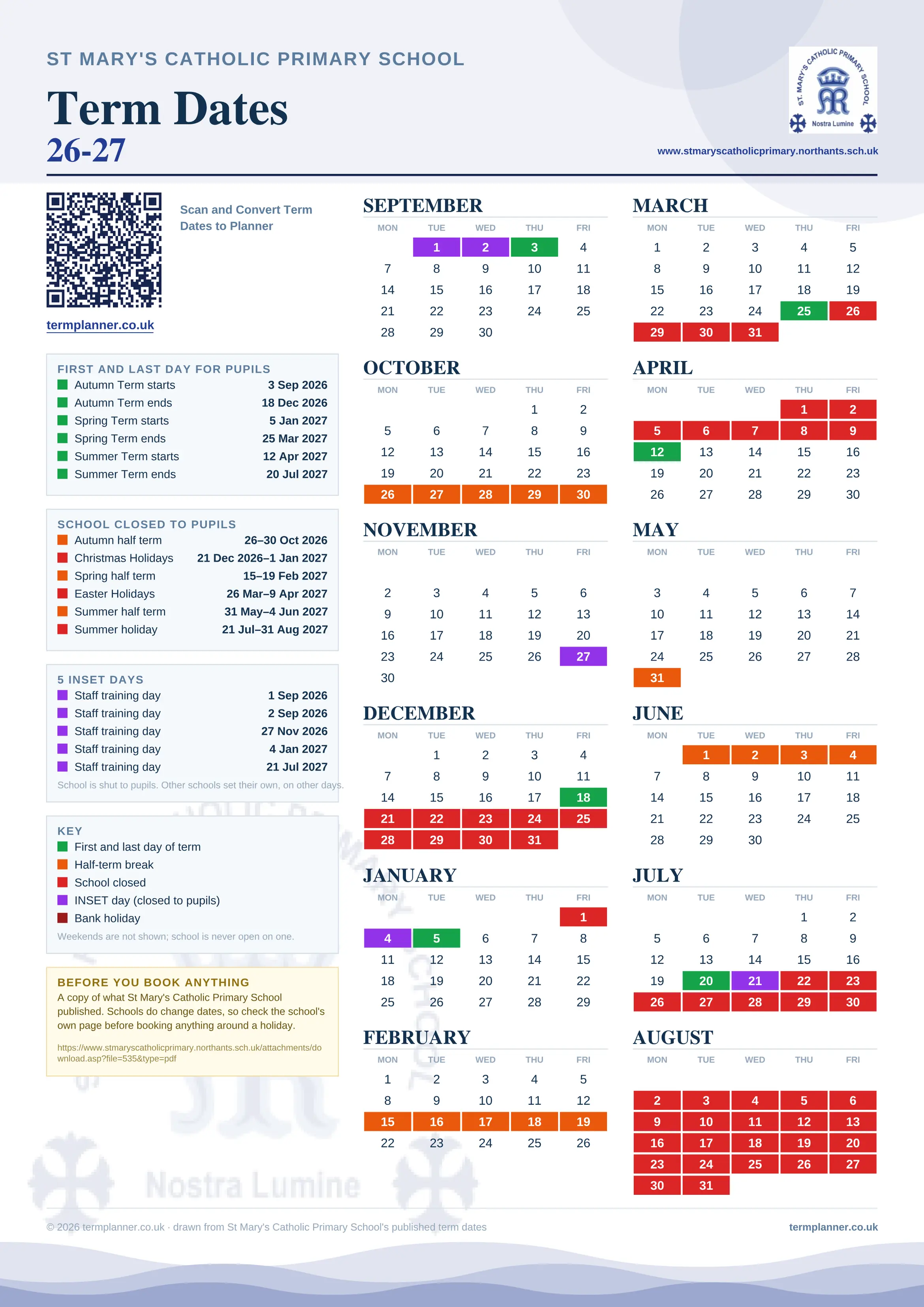 St Mary's Catholic Primary School’s 2026/27 school year drawn as one sheet: twelve month grids from September to August, Monday to Friday, with autumn term 3 September to 18 December 2026, spring term 5 January to 25 March 2027, summer term 12 April to 20 July 2027. Half terms, holidays and bank holidays are filled in colour, the first and last day of each term is marked, 5 INSET days are picked out, and every date is listed again in words down the left.