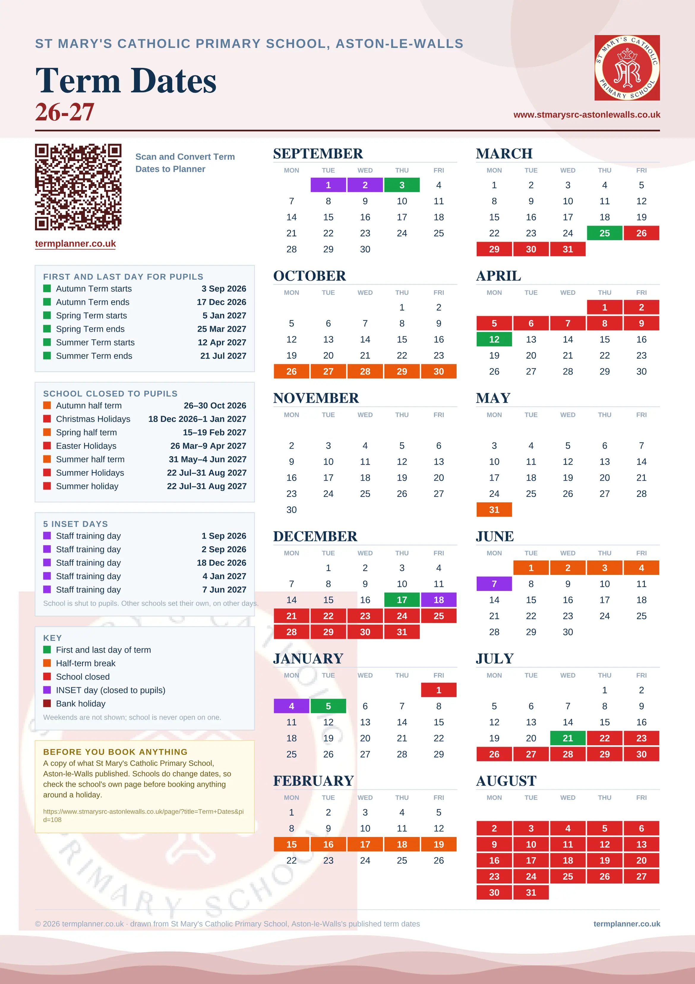 St Mary's Catholic Primary School, Aston-le-Walls’s 2026/27 school year drawn as one sheet: twelve month grids from September to August, Monday to Friday, with autumn term 3 September to 17 December 2026, spring term 5 January to 25 March 2027, summer term 12 April to 21 July 2027. Half terms, holidays and bank holidays are filled in colour, the first and last day of each term is marked, 5 INSET days are picked out, and every date is listed again in words down the left.