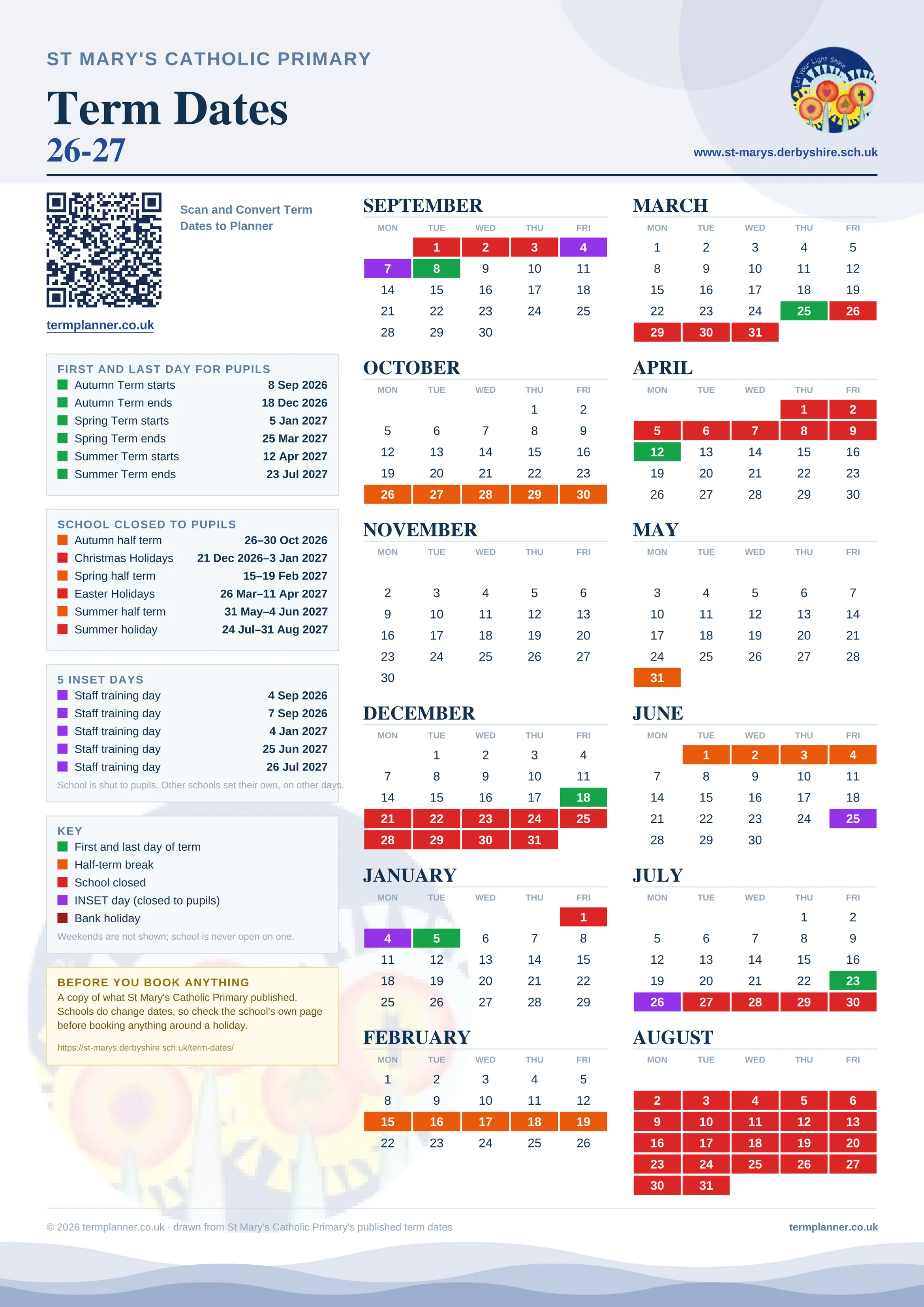 St Mary's Catholic Primary’s 2026/27 school year drawn as one sheet: twelve month grids from September to August, Monday to Friday, with autumn term 8 September to 18 December 2026, spring term 5 January to 25 March 2027, summer term 12 April to 23 July 2027. Half terms, holidays and bank holidays are filled in colour, the first and last day of each term is marked, 5 INSET days are picked out, and every date is listed again in words down the left.