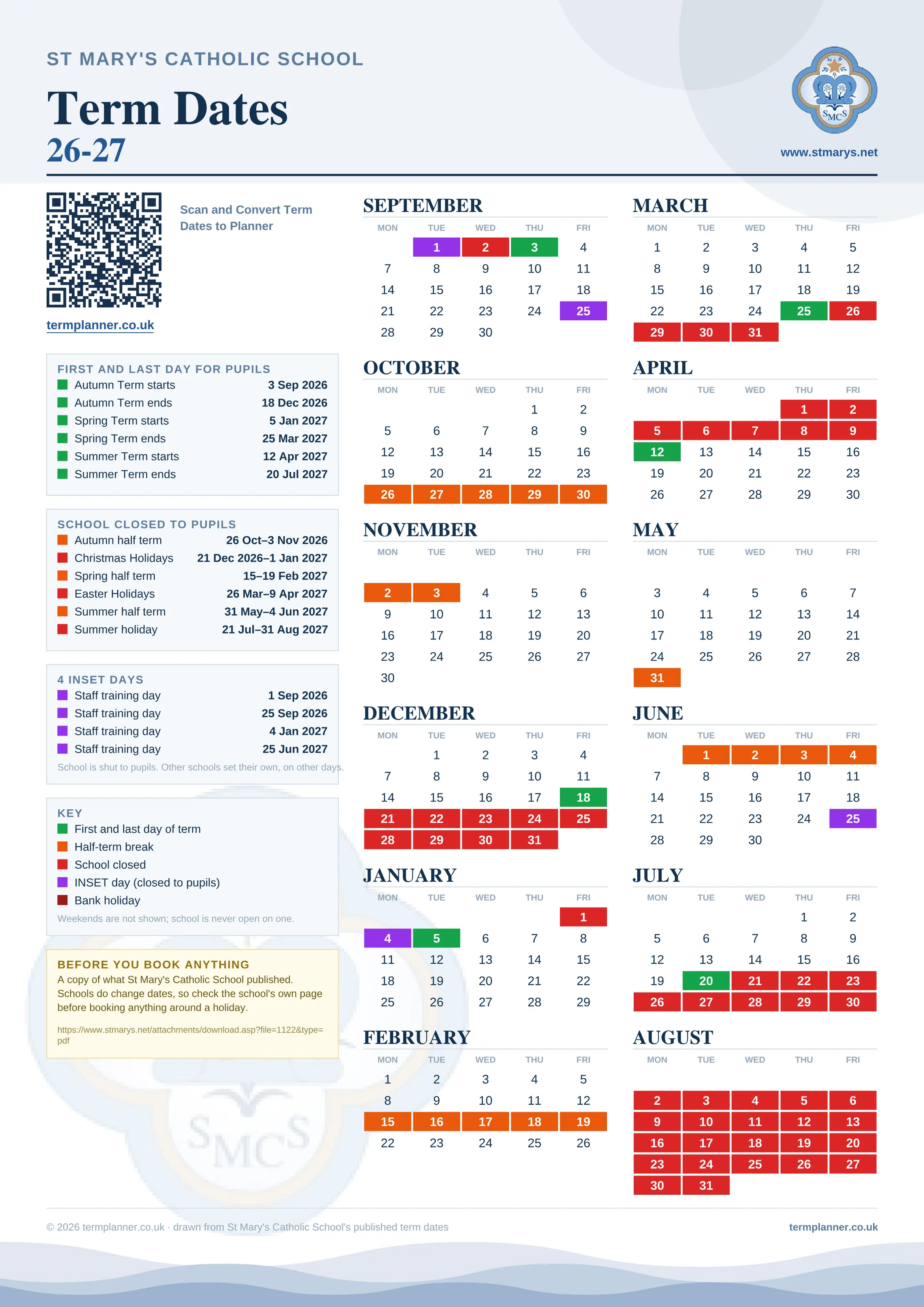 St Mary's Catholic School’s 2026/27 school year drawn as one sheet: twelve month grids from September to August, Monday to Friday, with autumn term 3 September to 18 December 2026, spring term 5 January to 25 March 2027, summer term 12 April to 20 July 2027. Half terms, holidays and bank holidays are filled in colour, the first and last day of each term is marked, 4 INSET days are picked out, and every date is listed again in words down the left.